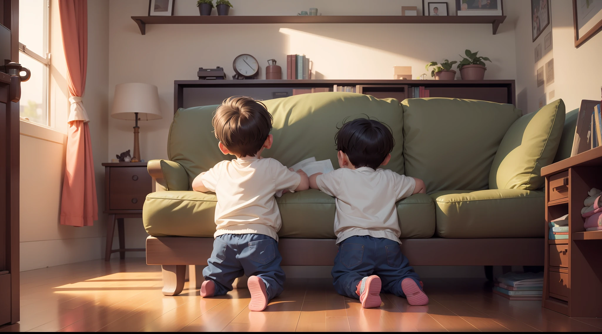 Two  play with their backs in the living room，They read the same book together，Very serious。There is also a TV next to it，Hong Kong movies were on the TV。