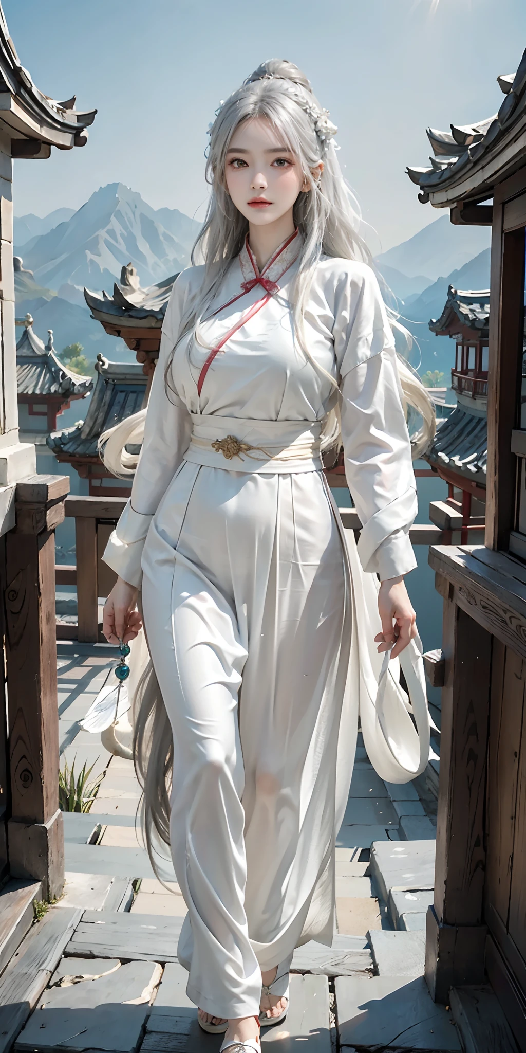 ((masterpiece, best quality)), 1girl, ((mature female)), (big breasts),white longhair, floating hair, hair ornamen, (hanfu), ((clothes made of feathers)), (summer), (dragon girl), sunlight, (detailed light), lighting, (colorful), looking at viewer, chinese style architecture background, special features,(bloom), (shine)