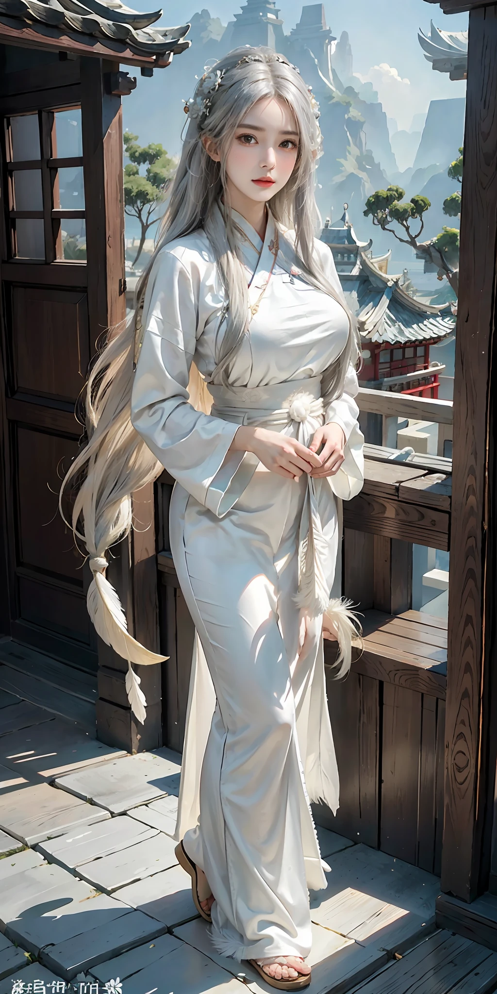 ((masterpiece, best quality)), 1girl, ((mature female)), (big breasts),white longhair, floating hair, hair ornamen, (hanfu), ((clothes made of feathers)), (summer), (dragon girl), sunlight, (detailed light), lighting, (colorful), looking at viewer, chinese style architecture background, special features,(bloom), (shine)