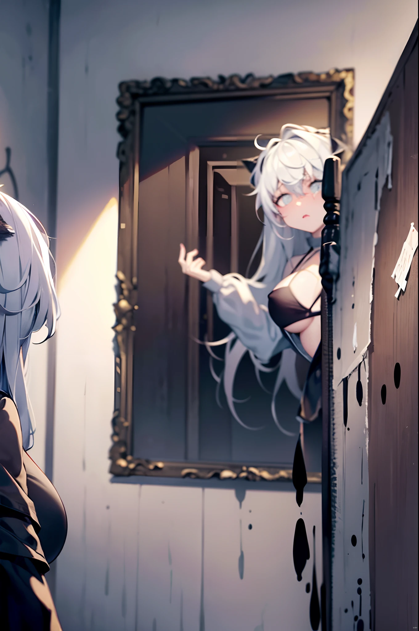 (Masterpiece), haunted house, ghosts, scary hall, paintings, angry expression, big boobs, short skirt, black bra, worried expression, floating ghost, eyes in wall, slime on walls