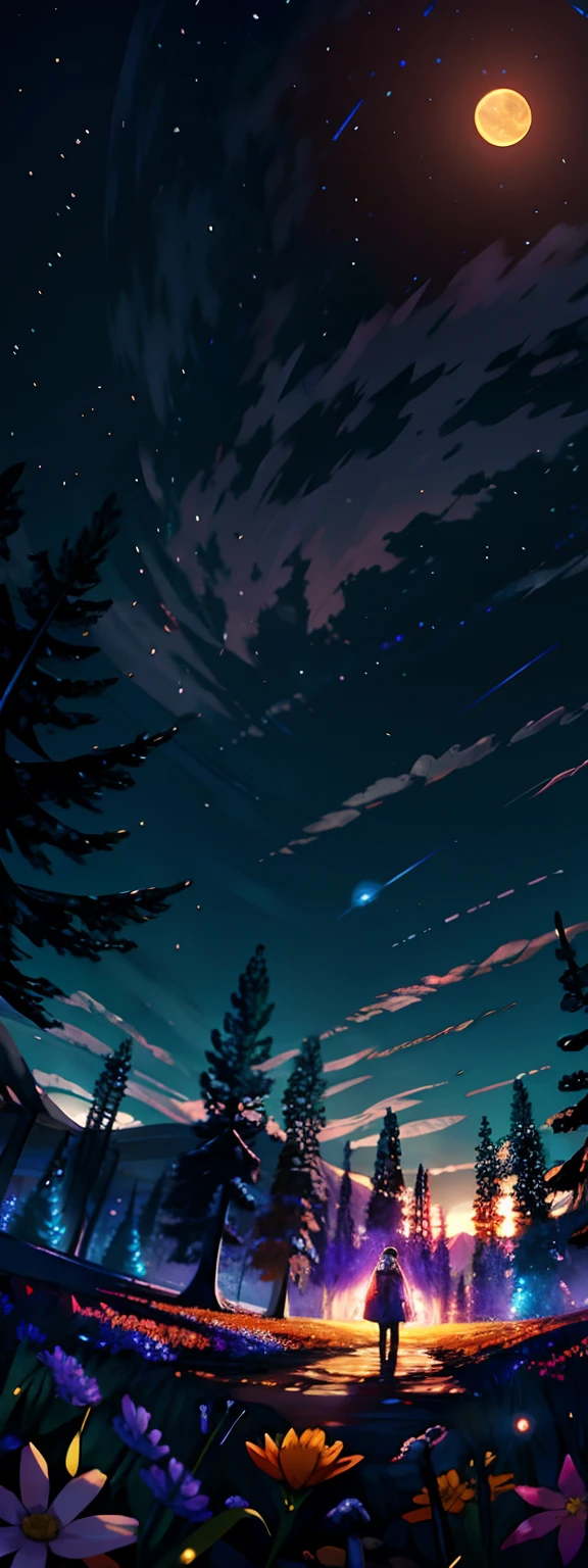 Expansive landscape photograph,(View from below with a view of the sky and the wilderness below),The little girl stood in the flower field and looked up,(moon full:1.2),(meteors:0.9),(Starcloud:1.3),Far Mountain,Tree BREAK Production Art,(Warm light source:1.2),(glowworm:1.2),lamp lights,Purple and orange,Complicated details,Volumetric lighting BREAK(tmasterpiece:1.2), (HighestQuali),4K,ultra-delicate,(Dynamic configuration:1.4),Highly detailed and colorful details(Irridescent color:1.2),(Sparkling lighting,Atmospheric lighting),(Obvious layered art:1.2),(Noticeable light and shadow effects:1.2), (Light particle tracing),(Unreal 5),dream magical,magical,(独奏:1.2)