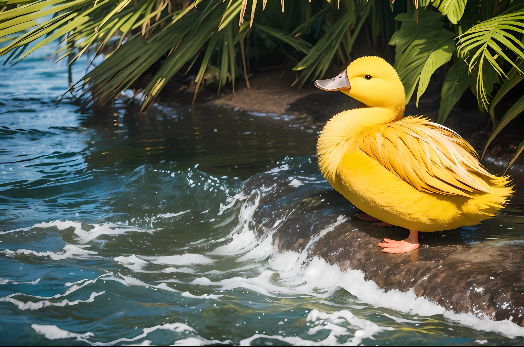 a fluffy tender yellow duck, lovable, chubby, yellow duck, hairy, during the daytime when the sun is abundant, swimming in a brook, the water surface sparkles, blue sky, white clouds and coconut trees, the water is very clear, long hair, beautiful detailed eyes, extremely detailed eyes and face, light on face, lovely, best quality, masterpiece, illustration, an extremely delicate and beautiful, extremely detailed ,CG ,unity ,8k wallpaper, Amazing, finely detail, masterpiece, best quality, official art, extremely detailed CG unity 8k wallpaper, ultra-detailed, highres, extremely detailed, (best quality), (realistic, photo-realistic:1.2), 8k, soft lighting, high quality, official art, extremely detailed CG unity 8k wallpaper, cinematic lighting.