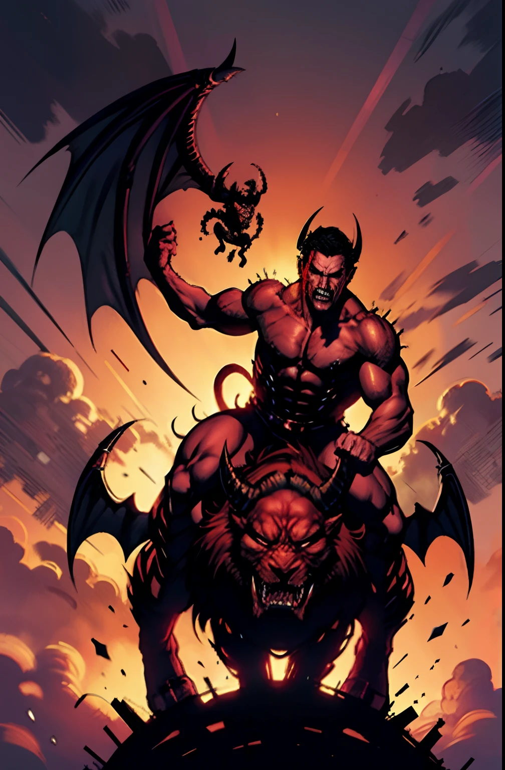 Male handsome demon Devil riding great Legendary roaring Monster of hell