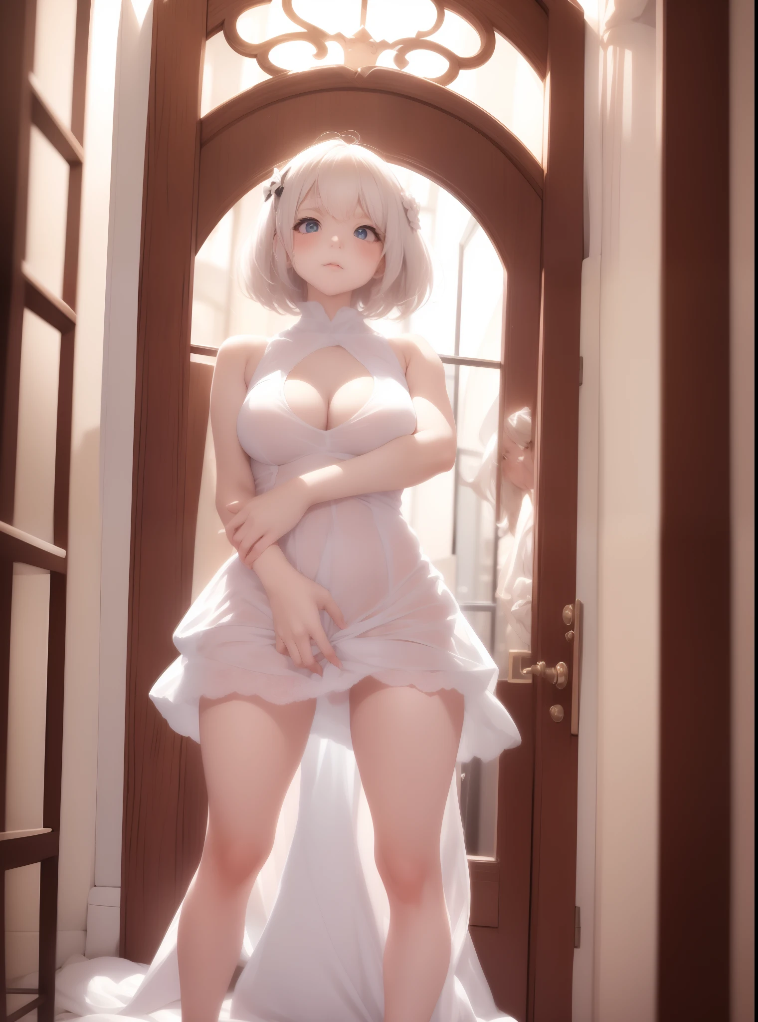 (Masterpiece grade, Best quality, Ultra HD images)double tails, Short hair in surreal anime style,Facial expression shyness, high detal、Ultra-high-quality images with accurate detail,Cute in a white dress,petty eyes、Cute little face,Apply light lipstick,Large breasts and cleavage,Beth