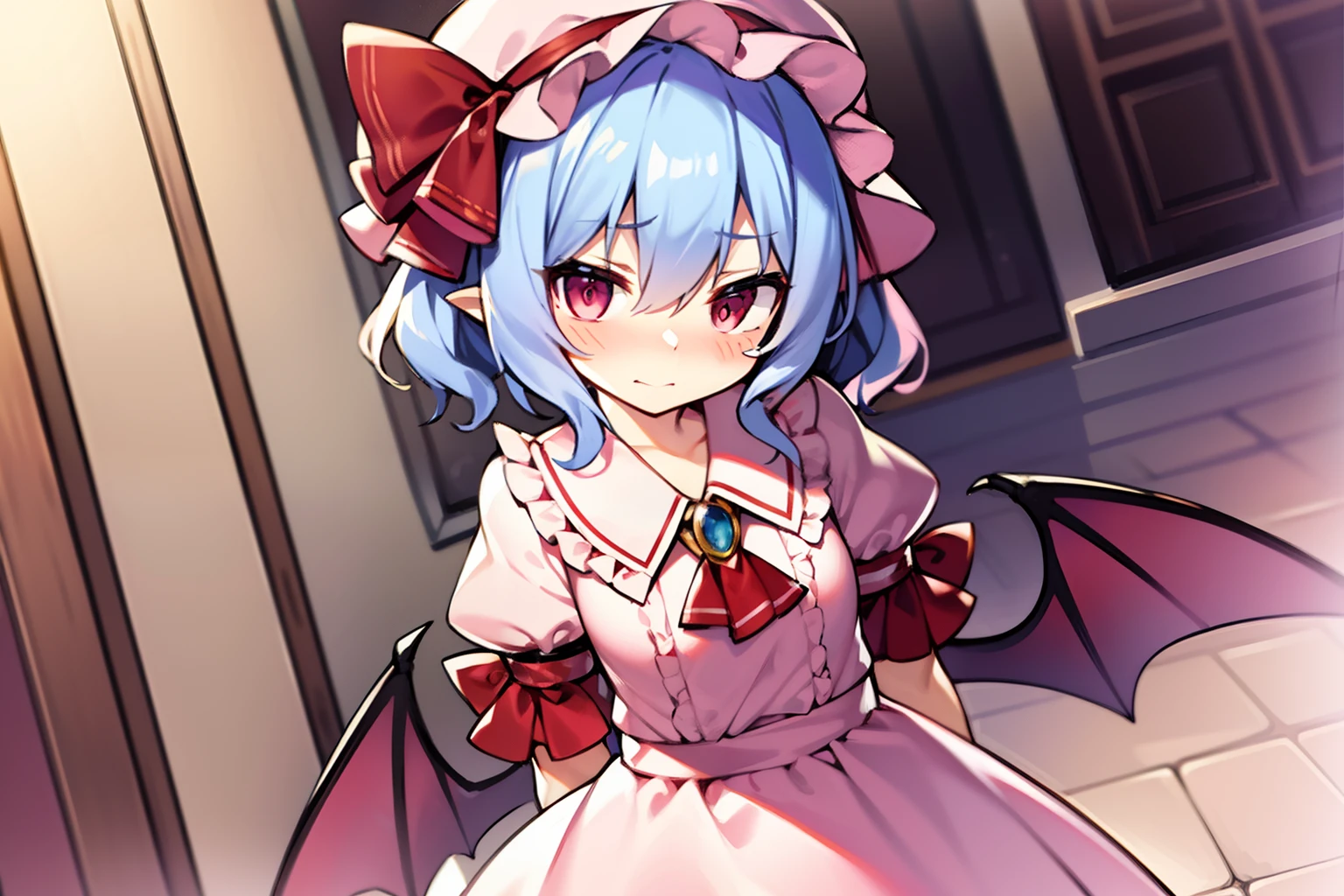 remilia scarlet, pink headwear,Dress,embarrassed、Dress style shirt with sleeves、close range