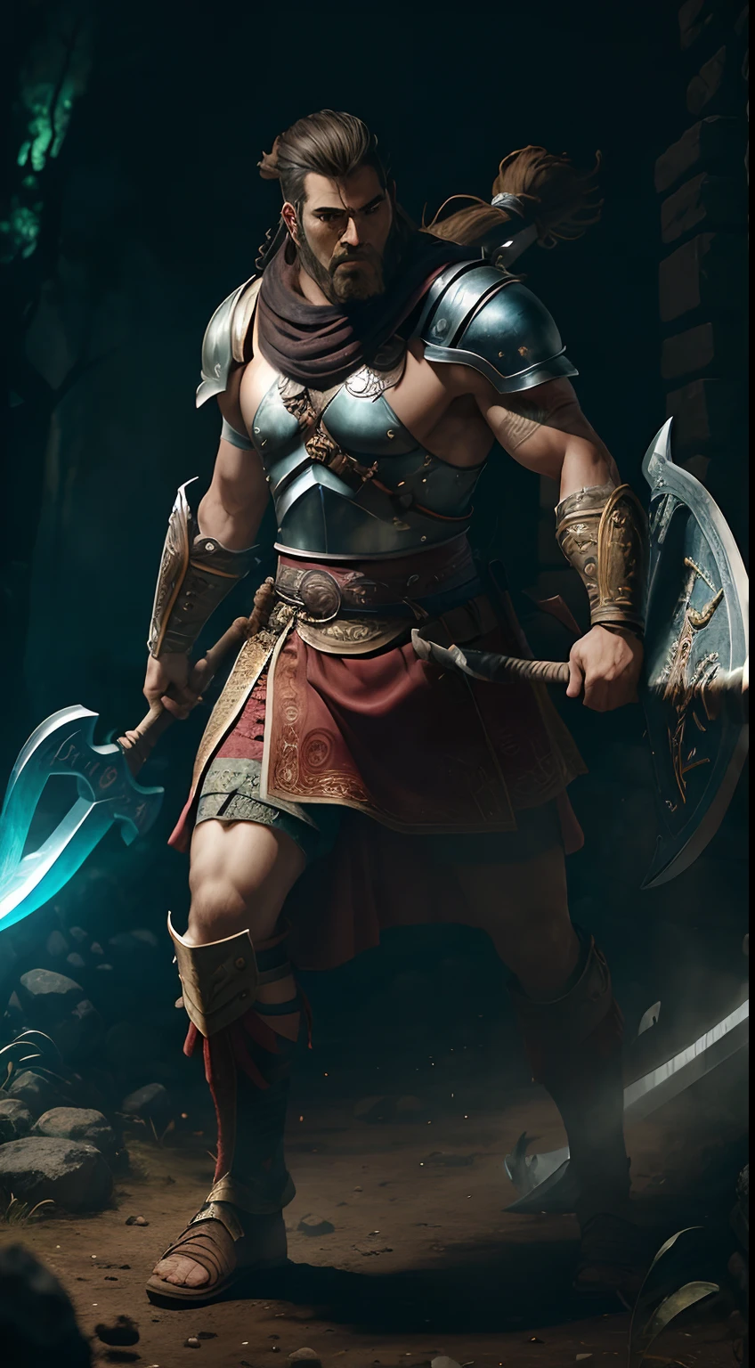 (8k), Ultra resolution 8K, Stunning illustration of a hero with a battle axe, barba espesa y bien cuidada. Warrior Prince,Traje de guerrero Athletic Body vikingo, armadura de cuero duro como el metal incrustadas runas vikingas, sostiene una gran hacha de batalla, cinematic lighting,action pose, agregar efecto al final,Mythical background