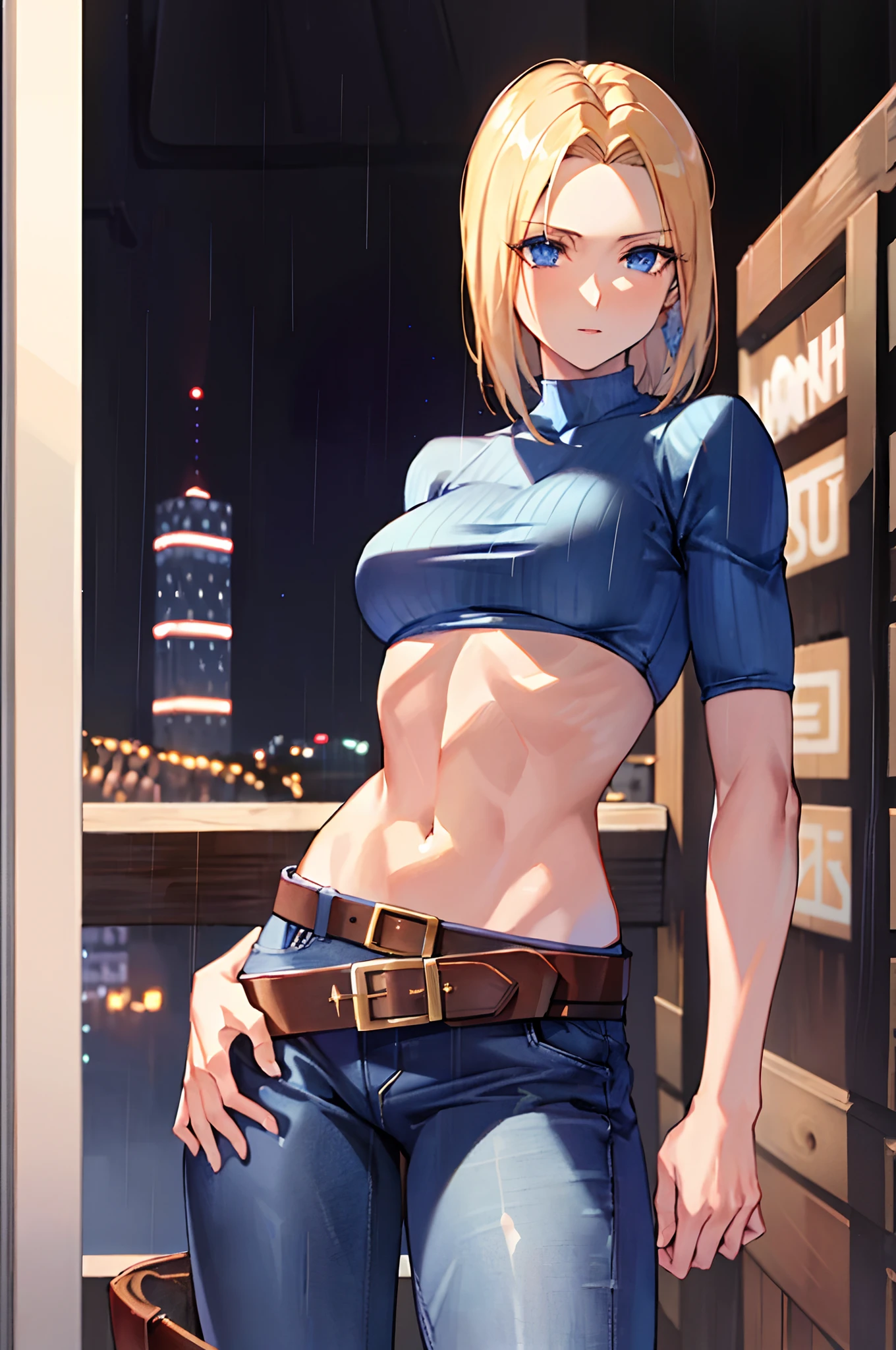 maryms, Best Quality,(beauty), 1girl,phisically-based render ,ultra highres,(cowboy shot:1.5),narrow waist, skinny, LeonaMS ,muscular, big blue eyes,long legs,jeans,leather belt,small breasts,puffy eyes, leather belt,(rainy city), shiny skin, facing viewer, Victory posture,