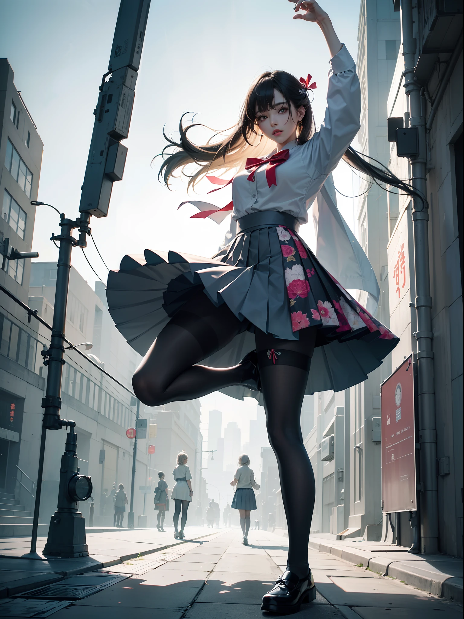 (full body:1.5)，(1girl:1.3),(looking at viewer:1.4)，(anatomy correct:1.3)，(In the paradise of the day:1.3),(Wearing Very thick Printed Pantyhose and Traditional Japanese style JK uniform printed pleated skirt and JK uniform leather shoes with bow decoration :1.3), (A high jump posture:1.3),(In pink|amarelo|blue colors|green color|red colour|white colors|black in color|purpleish color|greys|Beige|Flesh color 1.4)，,(Accurate and perfect face:1.4),(Clothing Gloss:1.25),(Skin reflection:1.25),hyper HD, Ray traching, reflective light，structurally correct, Award-Awarded, high detal, lightand shade contrast, Face lighting，cinmatic lighting, tmasterpiece, super detailing, high high quality, high detal, best qualityer, 16k，high contrast,