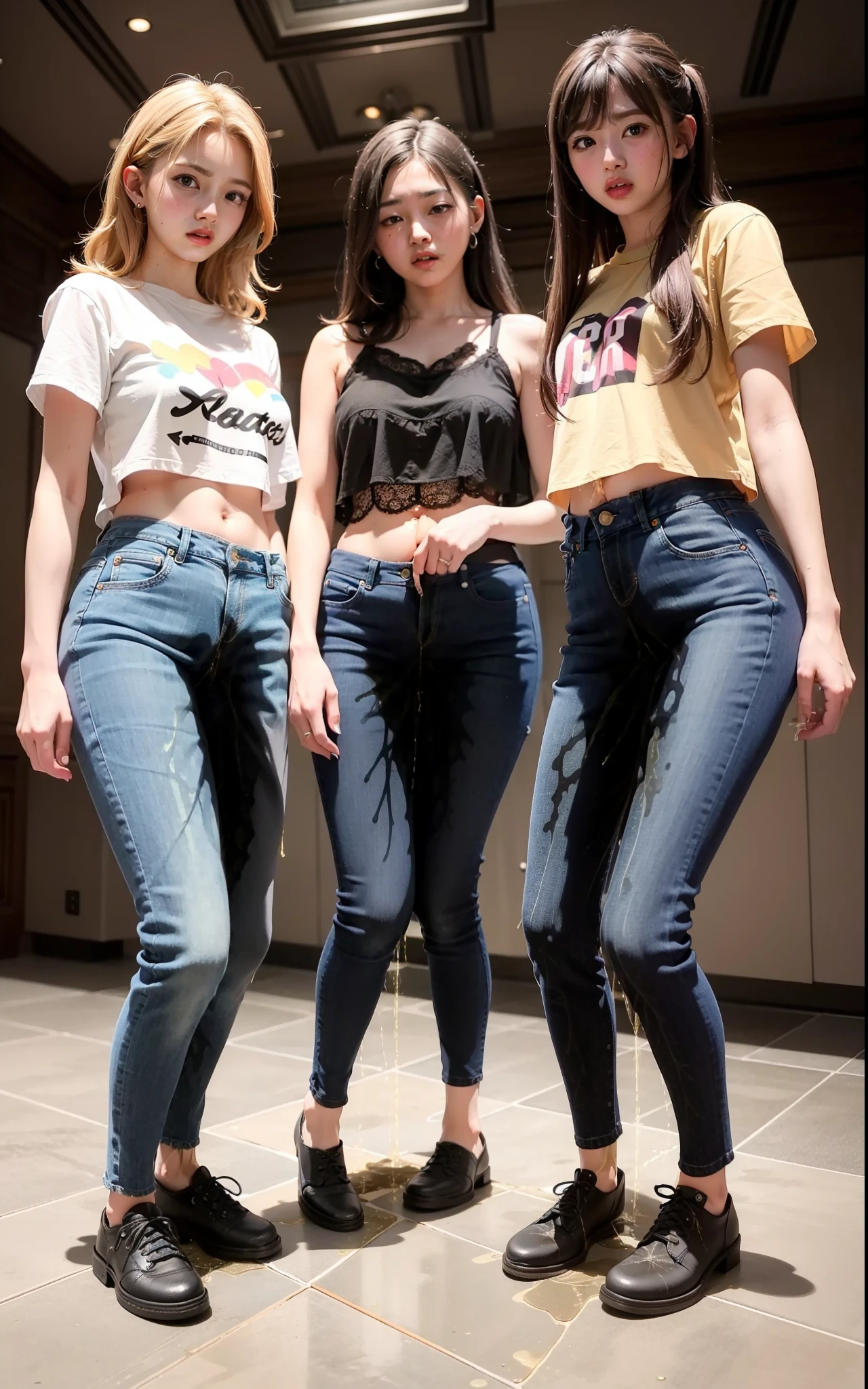 masterpiece, 8K, realistic, highly detailed, highres, best quality, detailed face, (3girls), 20 years old, blue jeans pants, full body, blush, worried, park, ((((((pee stain))))))