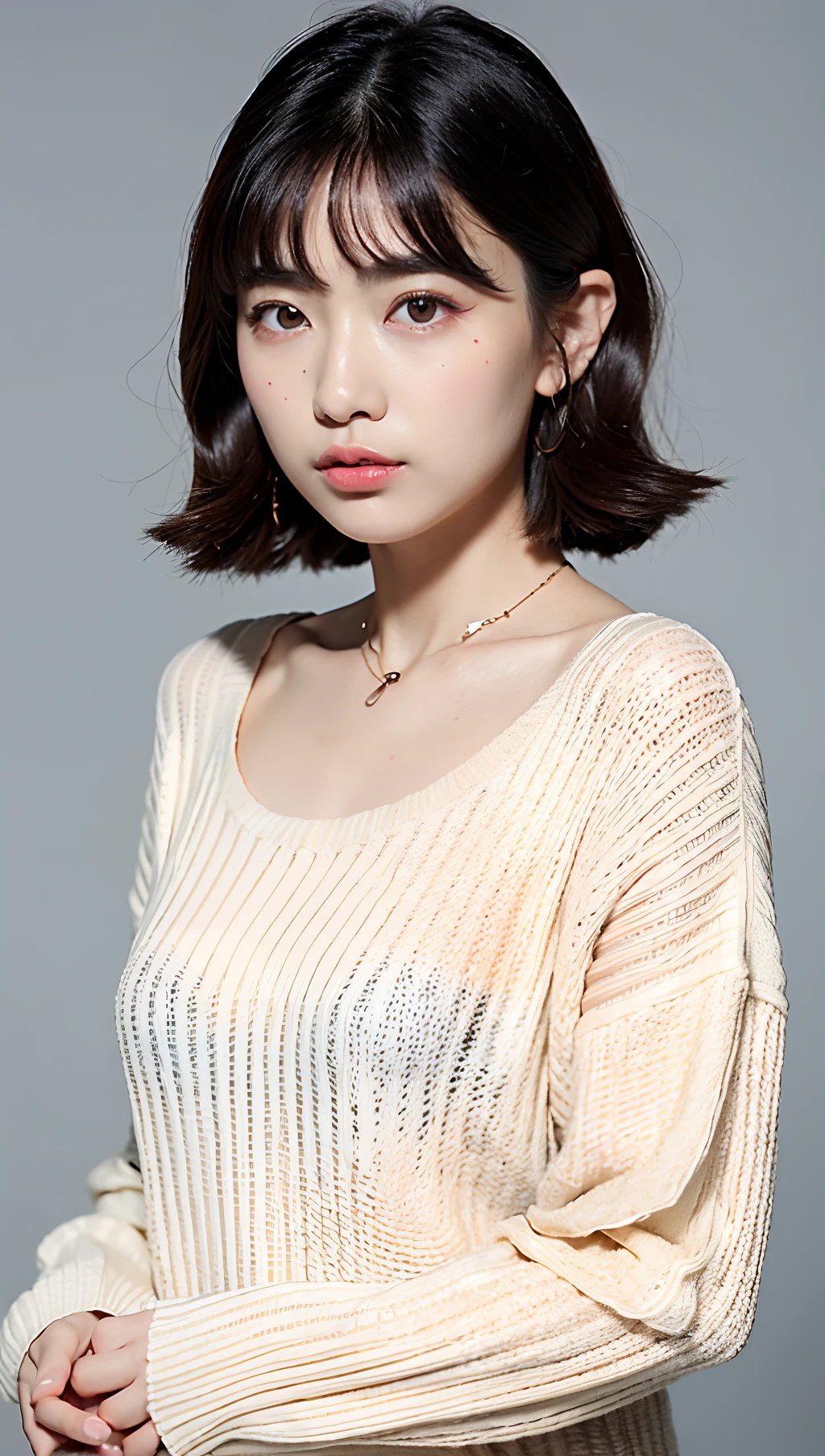 (top-quality、8k、32k、masterpiece、UHD:1.2)、Fashion in the bubble era,Makeup in the bubble era,Hairstyles in the bubble era,Photo of a cute Japanese woman、large full breasts、very short bobbed hair、The upper part of the body、(oversized_sweater、:1.1)a necklace、simple background、Look around