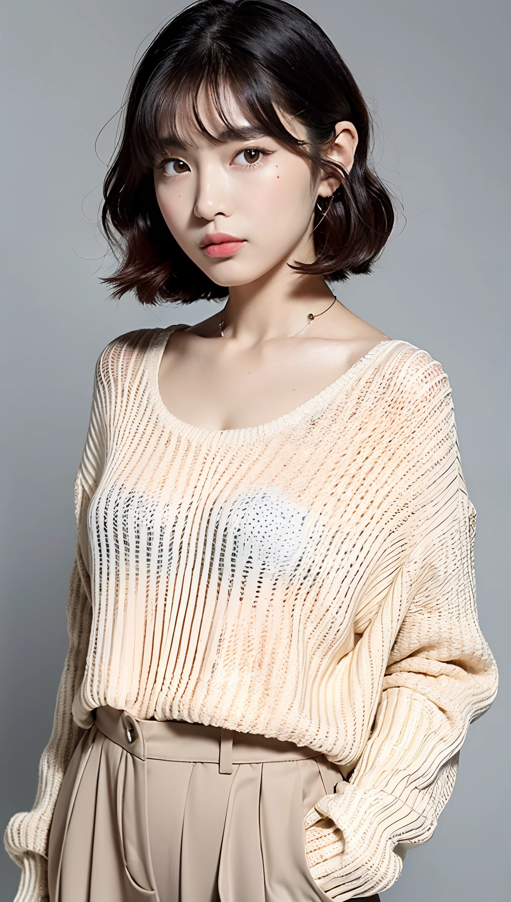 (top-quality、8k、32k、​masterpiece、UHD:1.2)、Fashion in the bubble era,Makeup in the bubble era,Hairstyles in the bubble era,Photo of a cute Japanese woman、large full breasts、very short bobbed hair、The upper part of the body、(oversized_sweater、:1.1)a necklace、simple background、Look around