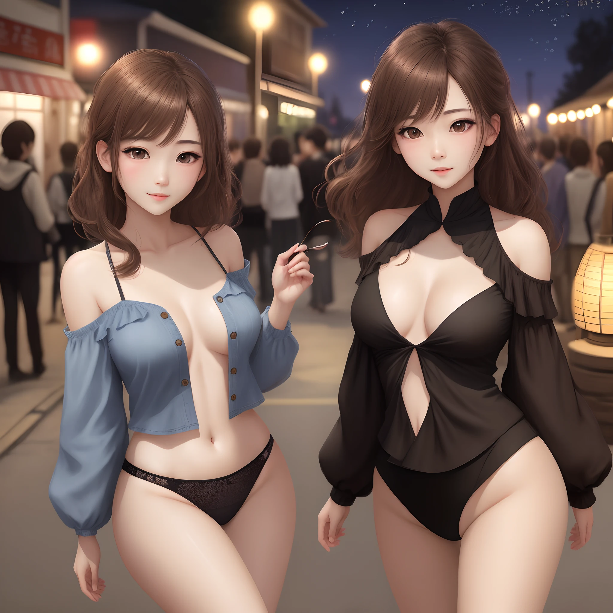 ((nighttime scene,逼真光线,best qualtiy,8k,tmasterpiece:1.3)),1girl,Pretty woman with slender figure:1.4,brown hair,Oversized breasts,Off-the-shoulder cut top:1.3,sofe,Super detailed face,Detailed eyes,二重まぶた,nsfw,pantiess,Shy,Realistis,Realiy