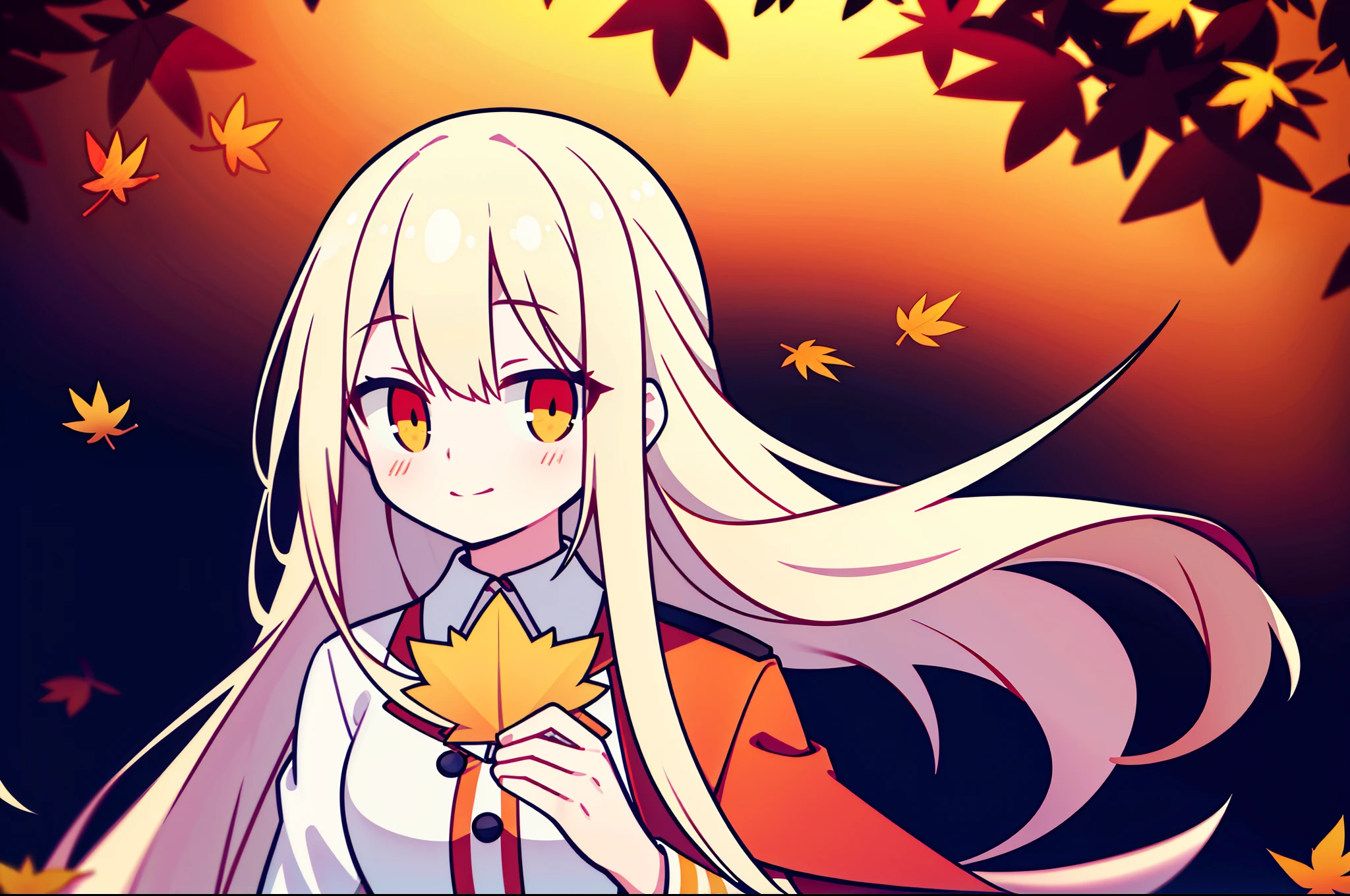 teens girl,Long white hair that reaches the waist,The ends of the hair gradually turn red,Dull hairs have a red gradient,reddish orange eyes,ssmile,Warm light on both sides,Maple leaves floating in the air in the background,Maple trees on both sides,wearing a trenchcoat,Holding a maple leaf in his hand,The main color of the picture is golden yellow,season is fall