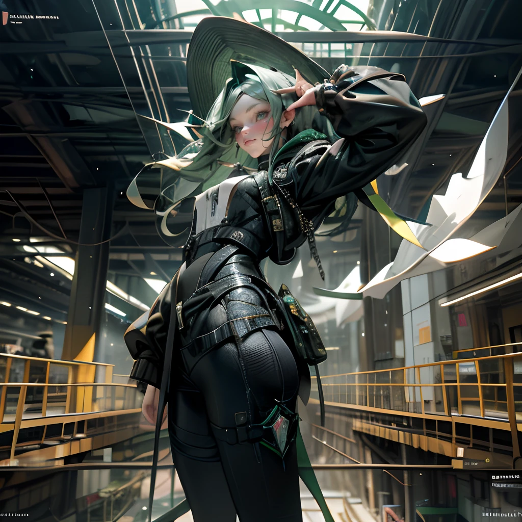 obra prima, Cyberpunk, Ultra realista, Como uma Yael Shelbia, ..3d, 3D-rendering, porcelana, latex, melhor qualidade, anatomia humana, cabelo verde, cabelos reais verde, cabelos curtos verde, Asymmetrical Cut Hair, cabelo em movimento, Seios enormes, anatomia humana, posando para foto, translucido, (Ethereal, Sonho), formidable, papel de parede 8k