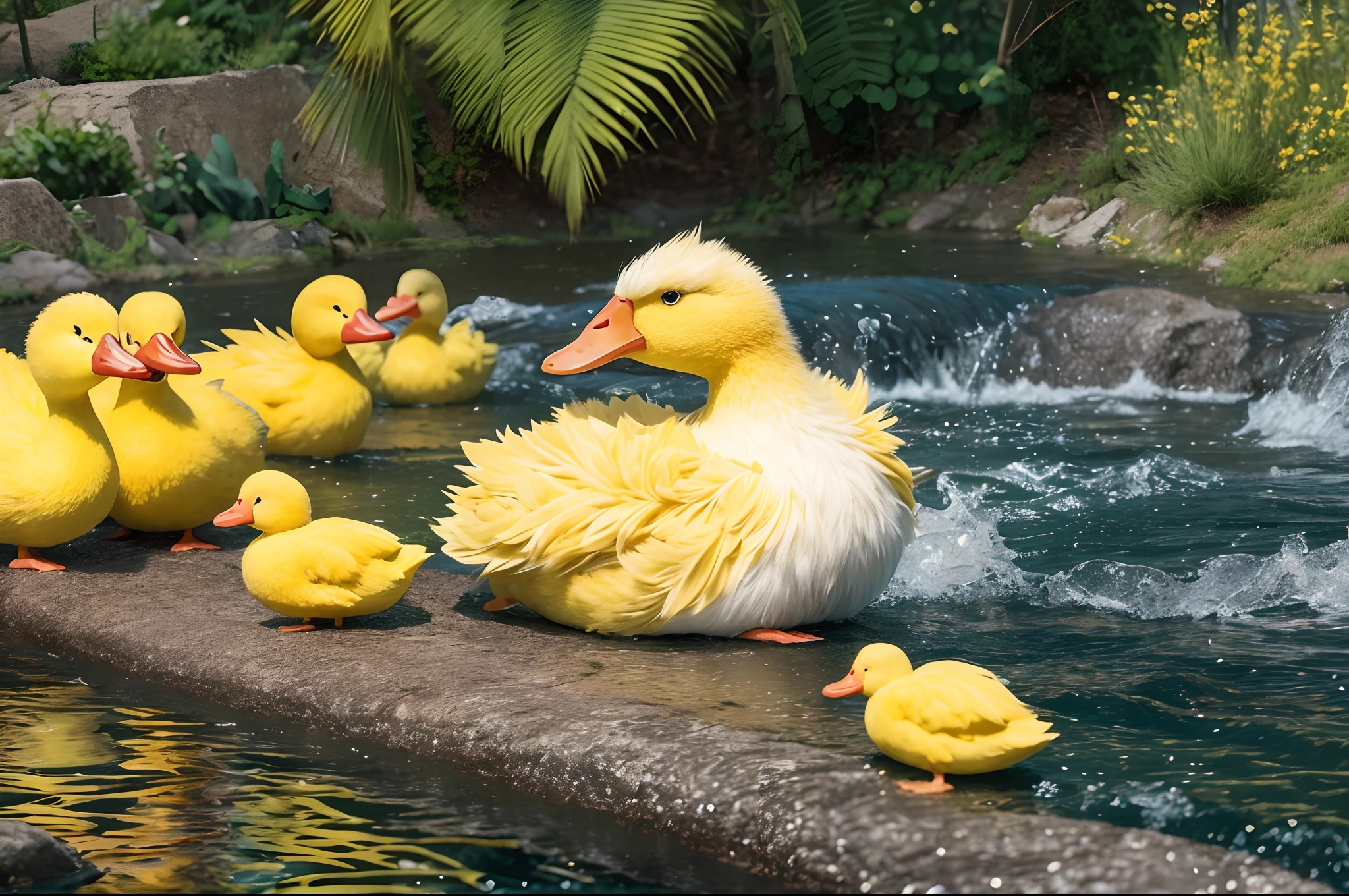 a fluffy tender yellow duck, lovable, chubby, yellow duck, hairy, during the daytime when the sun is abundant, swimming in a brook, the water surface sparkles, blue sky, white clouds and coconut trees, the water is very clear, long hair, beautiful detailed eyes, extremely detailed eyes and face, light on face, lovely, best quality, masterpiece, illustration, an extremely delicate and beautiful, extremely detailed ,CG ,unity ,8k wallpaper, Amazing, finely detail, masterpiece, best quality, official art, extremely detailed CG unity 8k wallpaper, ultra-detailed, highres, extremely detailed, (best quality), (realistic, photo-realistic:1.2), 8k, soft lighting, high quality, official art, extremely detailed CG unity 8k wallpaper, cinematic lighting.