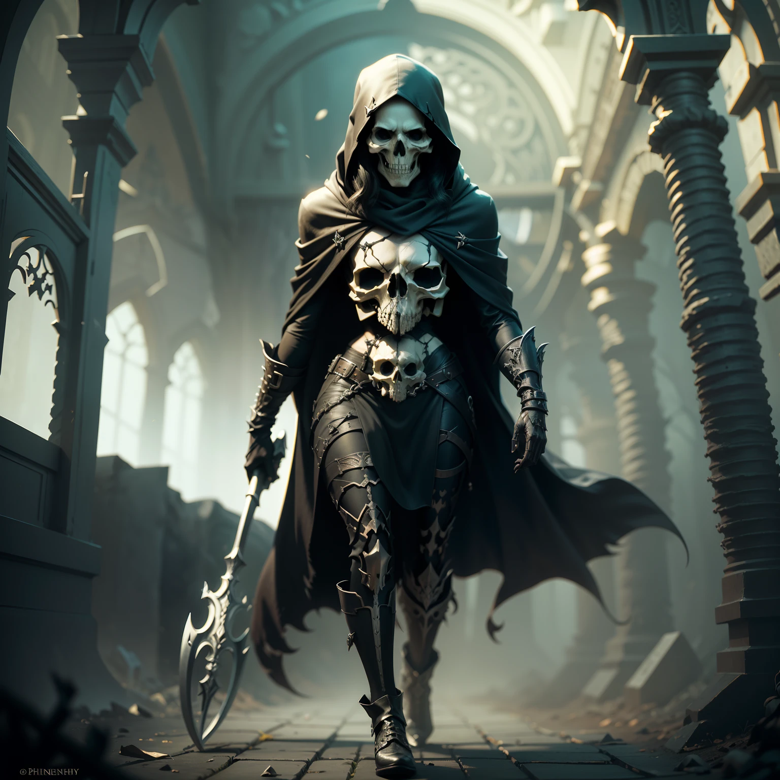 Welcome to a world of realism and fantasy, where the shadowy figure of Death stands before you. Inspired by artists like Phil Koch and Joseph Christian Leyendecker, this is a masterpiece that combines elements of mystery, fear and magic. You will find yourself before a spectral figure, with the face shaped like a skull of death. Her predatory eyes glow with dark magic as she moves around the scenery, wrapped in a hood and black cloak of old fabric and occult symbols. Death carries a death scythe in his skeletal hands, a symbol of his ruthless and inevitable nature. His body is a skull, his bones exp