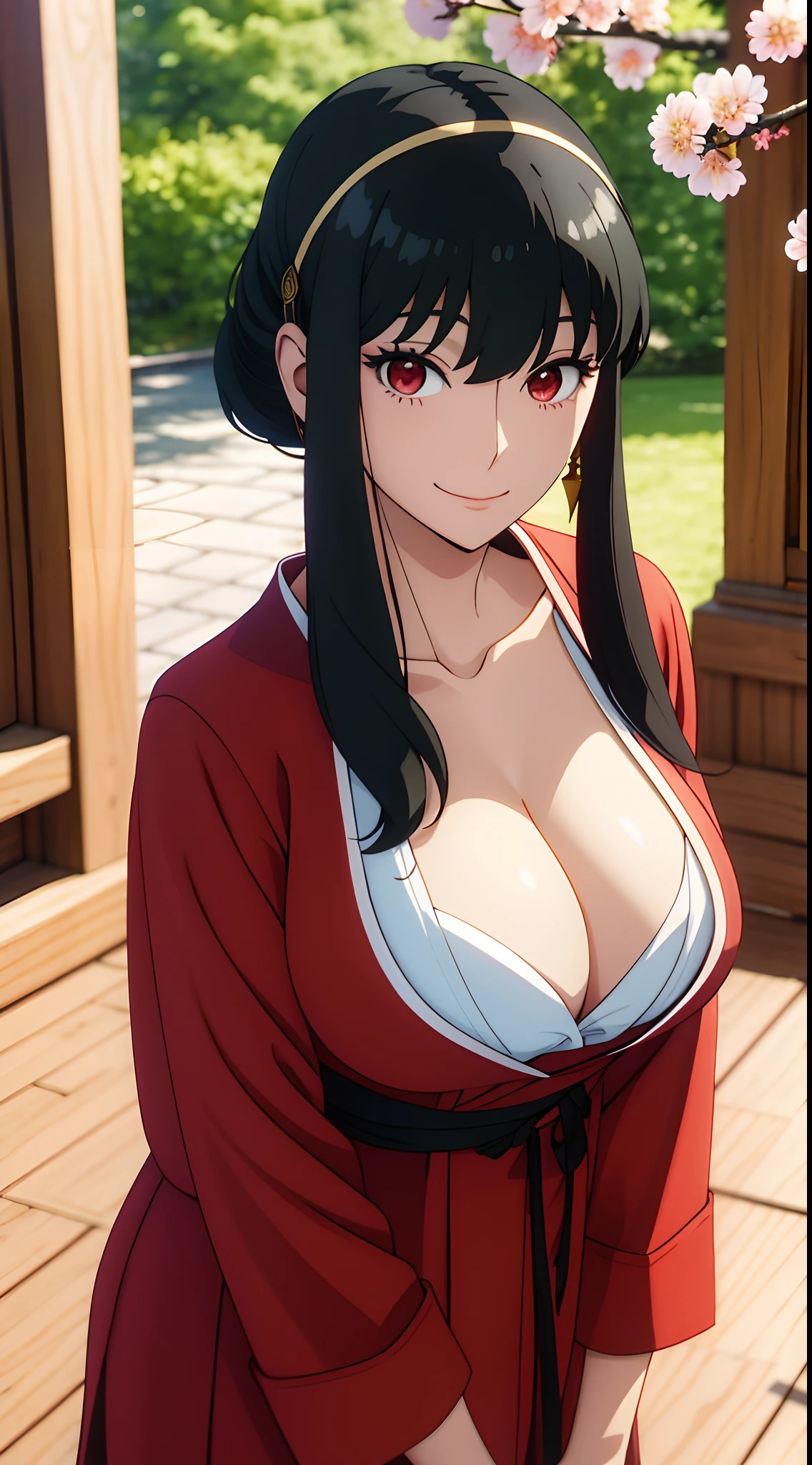 yor, Mature female, bangs, side locks, Red eyes, Black hair, hair adornments, Huge breasts,sportrait, (face:1.2), girls, ssmile,bare shoulders, Black hair, cherry blossom, cleavage, (Robe:1.21), 鎖骨, Willow Branch, (masterpiece best quality :1.2),
