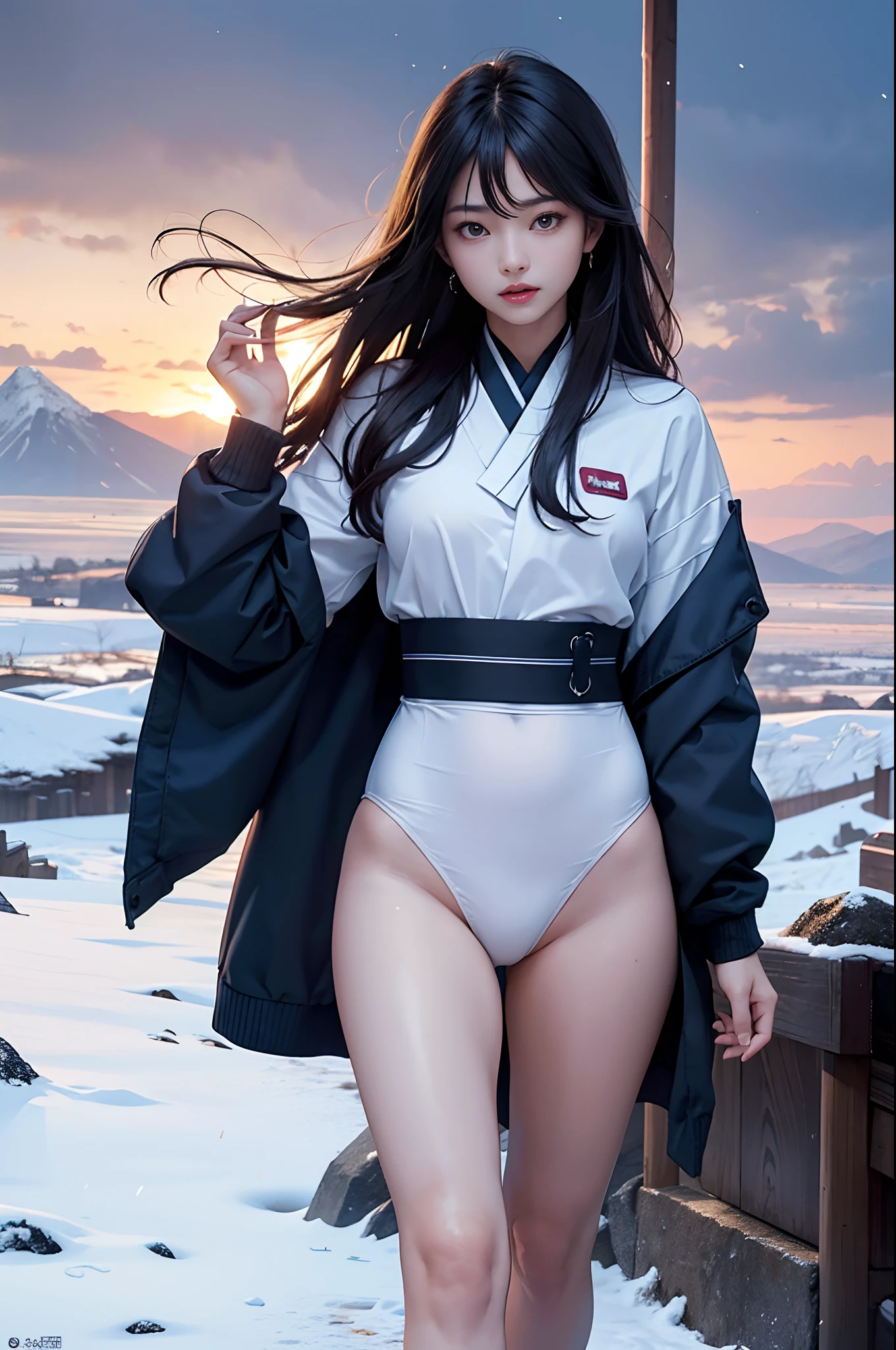 Official art, 统一 8k 壁纸, ultra-detailliert, Beautifully Aesthetic, ​masterpiece, top-quality,  girl with, High ,A dark-haired, japanes,dynamic ungle, Cowboy Shot, bright colour, (half: 1.2), (Dreams: 1.5), (Han Feng: 1.5),reallistic,a picture,A sexy,fullnude,Soft look,erotick,The location is Mount Everest,snow blowing,Underwear is blue,no clothe