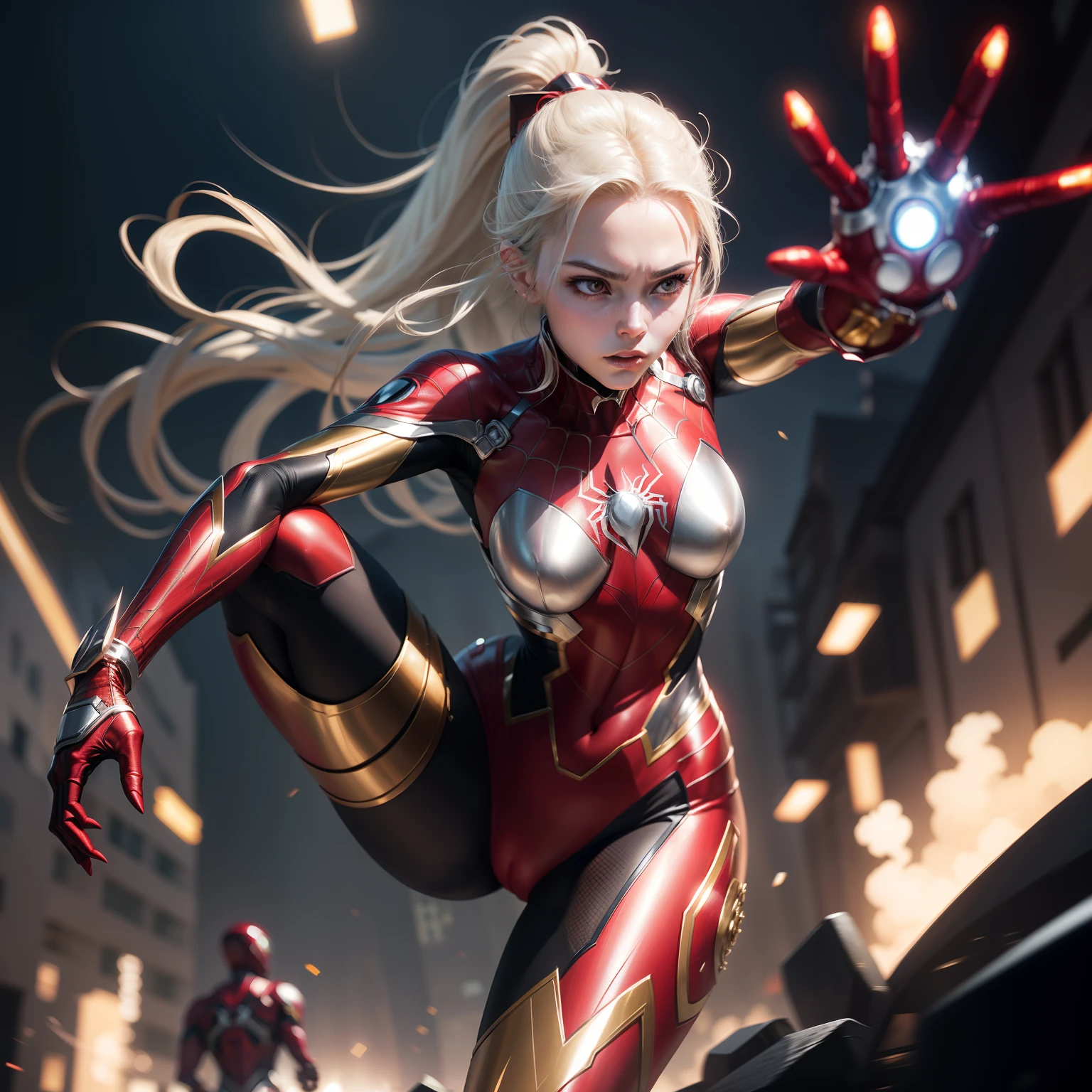 spiderwoman real face Gold and silver suit 18year old Only one person Variety of poses Realistic depiction Photoquality No blurring combat scene ironman (((4 red metal legs))) (sharp fingers:5-Fingers)