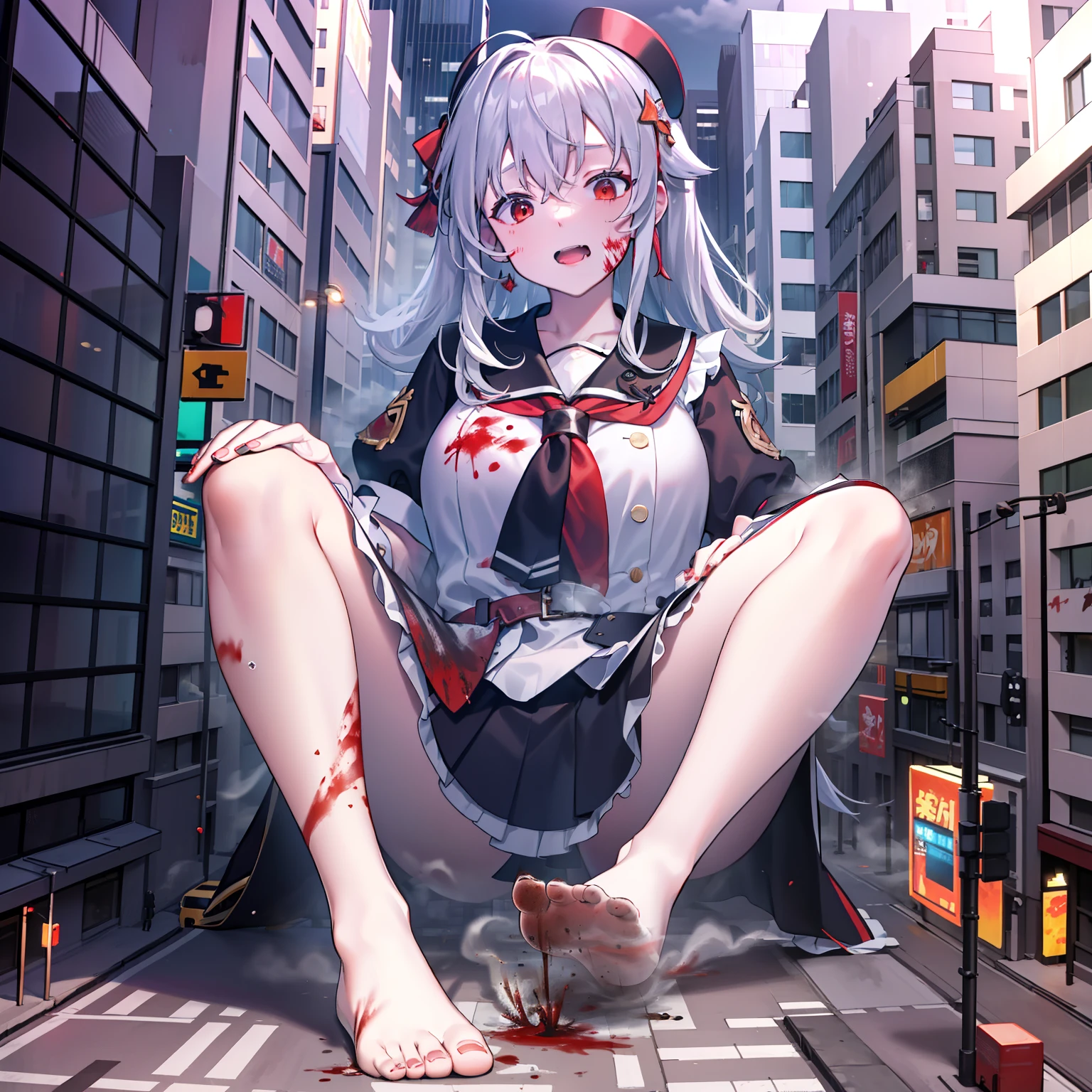 White messy hair, Red-eyed girl, Black premium coat, Red short sleeves,Barefoot （Blood-stained soles of the feet:1.8）, reference sheet, tachi-e, Wide-angle, kanon, Motion blur, Ray tracing, Award-Awarded, High details, Smooth skin, 4K, Anatomically correct, ccurate, retinas，magazine cover text，blood-streaked face，Huge schoolgirls sitting on a city street the size of a toy。GTS giantess stampedes on the city。