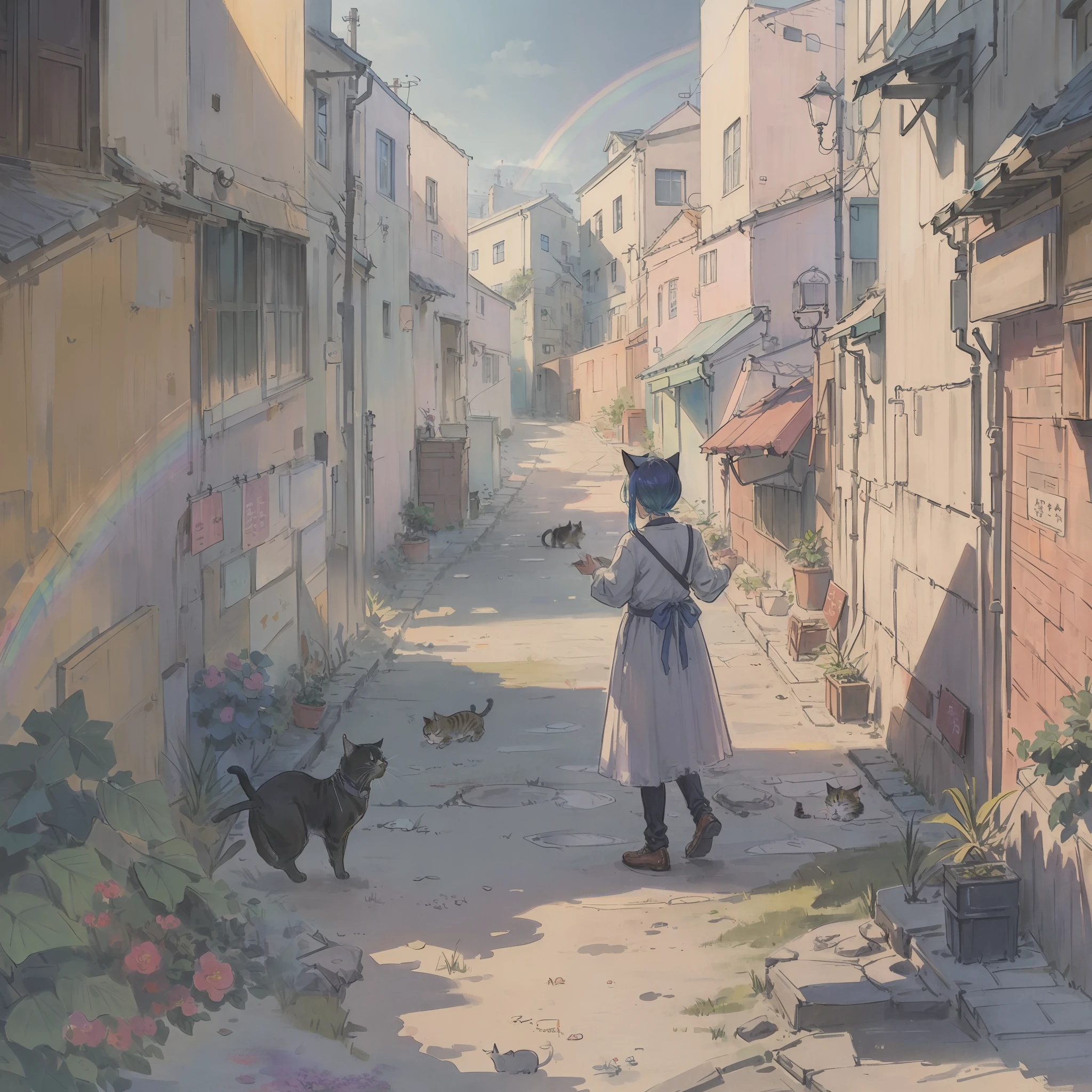 Cats((Take a cute cat 1.5))、((Best quality1.2))、((​masterpiece))、((rainbow-colored hair))、alleyway、I have a cute cat、Hachiwale