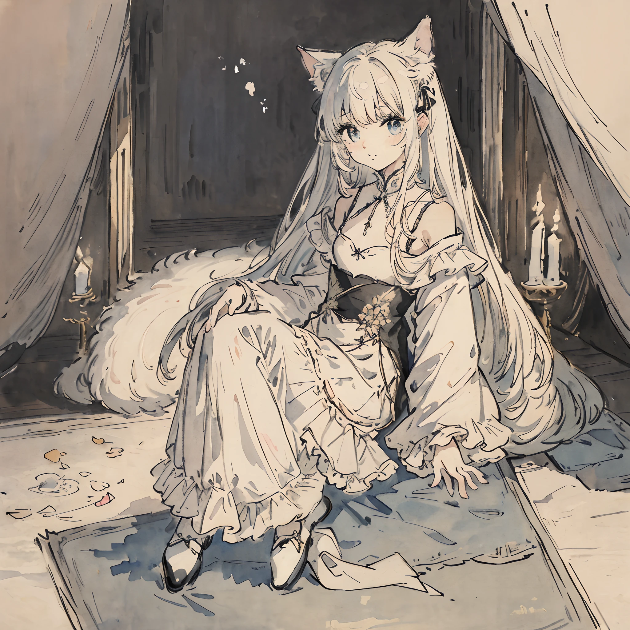 （（（With cats（Cute cat１、５））（（​masterpiece、top-quality、Very delicate and beautiful girl、extremely delicate and beautiful、world masterpiece theater１、２）、Ultra-fine、top-quality、white  hair、Hi-Res、Very elaborate、girl with、top-quality、illustratio、watercolor paiting、