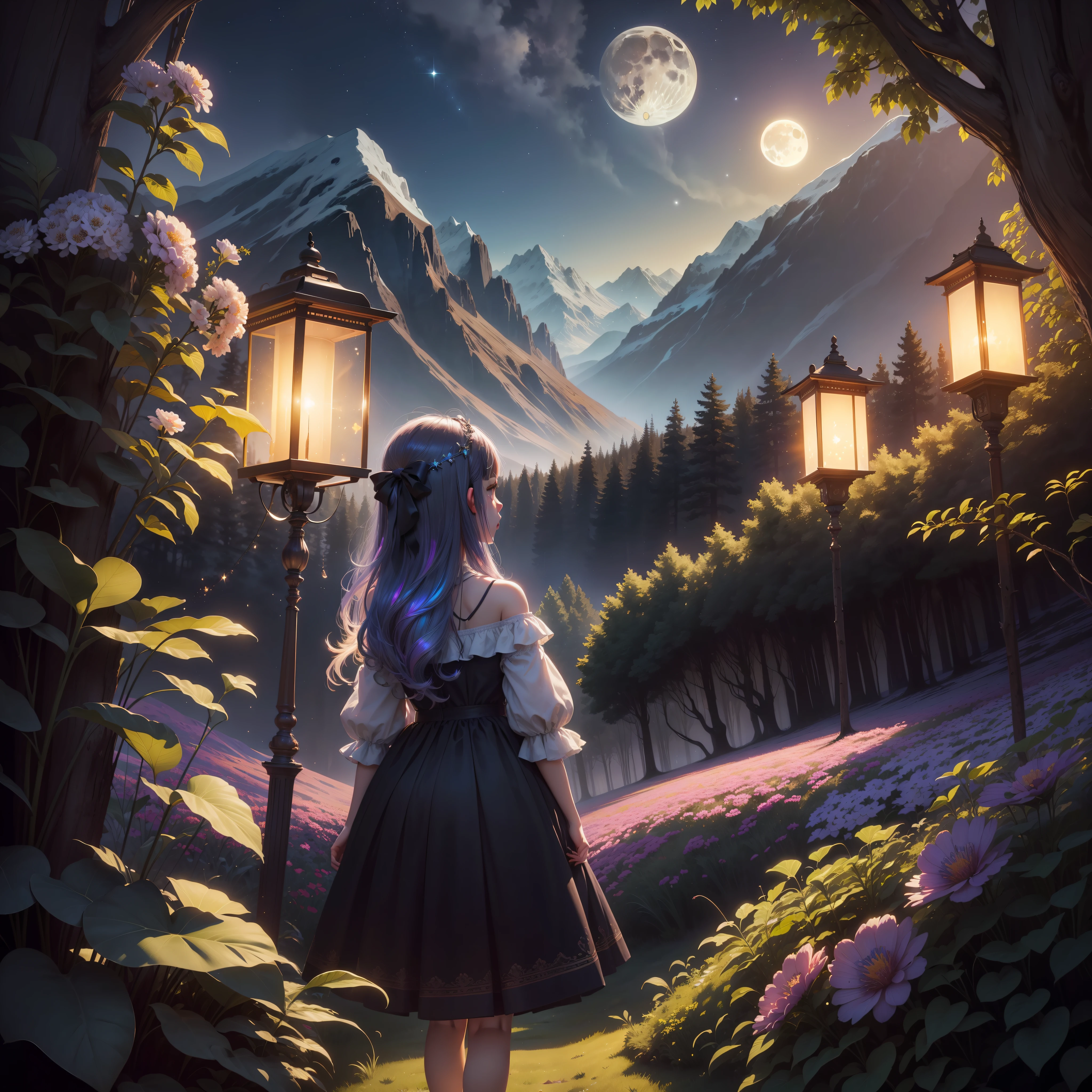 Expansive landscape photograph, (view from below with a view of the sky and the wilderness below), little girl standing in a flower field looking up, (full moon: 1.2), (shooting star: 0.9), (nebula: 1.3), distant mountain, tree break production art, (warm light source: 1.2), (firefly: 1.2), lamp, purple and orange, intricate detail, volume lighting BREAK (masterpiece: 1.2), (highest quality ), 4k, ultra-detailed, (dynamic configuration: 1.4), highly detailed and colorful details (iridescent: 1.2), (sparkling lighting, atmospheric lighting), dreamy, magical, (solo: 1.2)