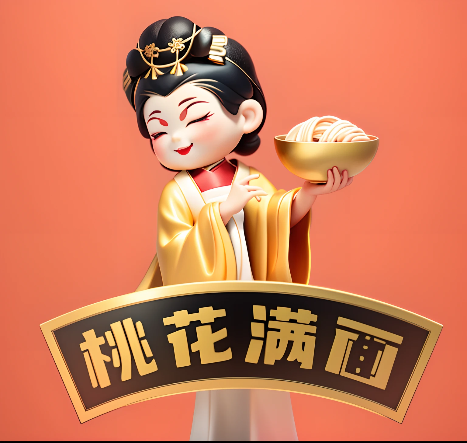 (Masterpiece),(Best quality),(Ultra detailed), Masterpiece, High quality, Best quality, 3Drenderingof, 1girll, Holding a bowl of noodles in his hand, Makeup, Cherry small mouth, Squint and smile, (Black bun:1), （Black color hair:1），white backgrounid, Hanfu, Simple background, Red lips, Hanfu, ssmile, The index finger of the right hand points to the bowl, golden headdress, Orchid finger, Chest covering, Tang dynasty lady，Tang dynasty Hanfu，Pink belly pocket，