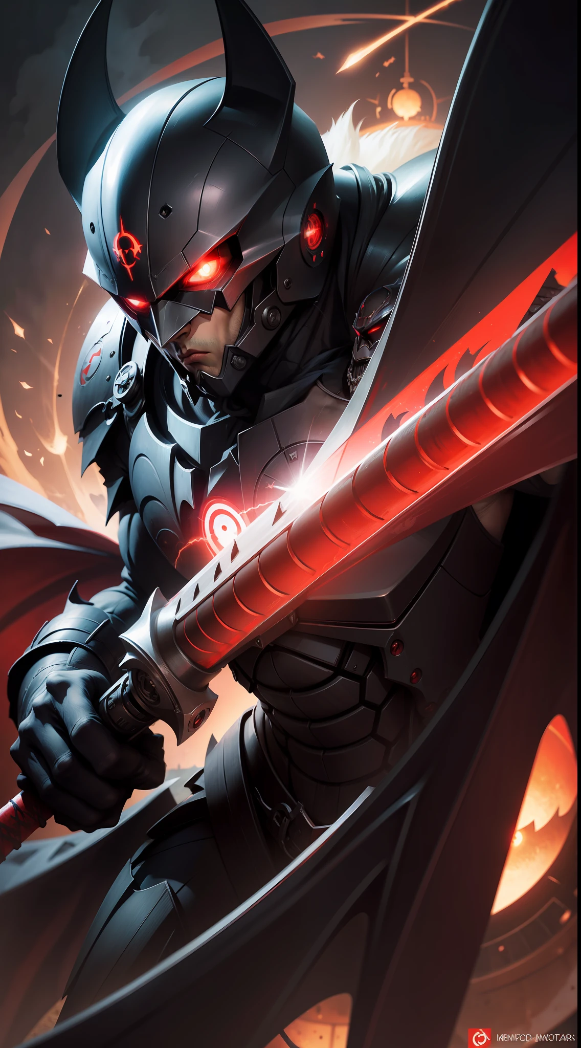 Bat logo，Mechanically modern，holding enormous sword，Eyes glowing red，Contempt for the world