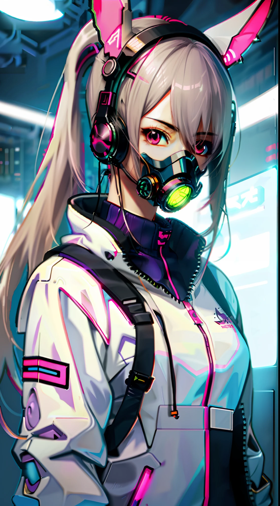 (Anime girl with headphones with rabbit ears and gas mask),Gray long ponytail hairstyle,There are pink-purple lights and blue lights on the body, Digital cyberpunk anime art, cyberpunk anime girl in hoodie, Best anime 4k konachan wallpaper, digitl cyberpunk - anime art, cyberpunk anime girl, anime cyberpunk art, E-Girl, e - girl, cyberpunk anime art, female cyberpunk anime girl, Anime cyberpunk moderno, Cyberpunk art style,