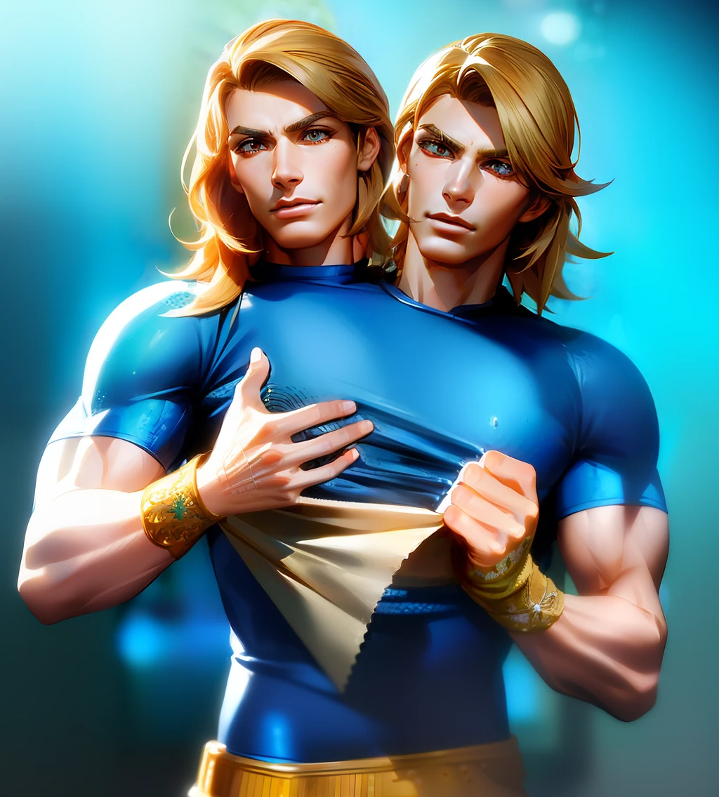 ((2heads)),detailed face,  strong nose, ((johnnyjojo)),  1boy, surfer hair, hazel eyes, detailed face, hires, HQ, blue pants,  volumetric lighting, best quality, masterpiece, intricate details, tonemapping, sharp focus, hyper detailed, upper body