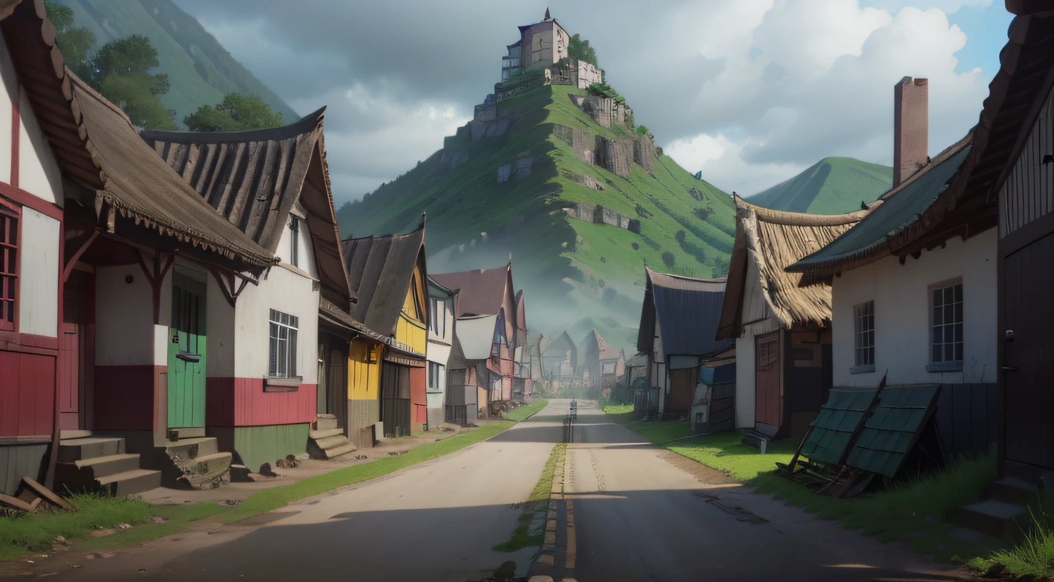 A terrifying and eerie mountain village,There are many graves on the hill on the left,There is a path down the hill in the middle,At the end of the road are several dilapidated thatched huts