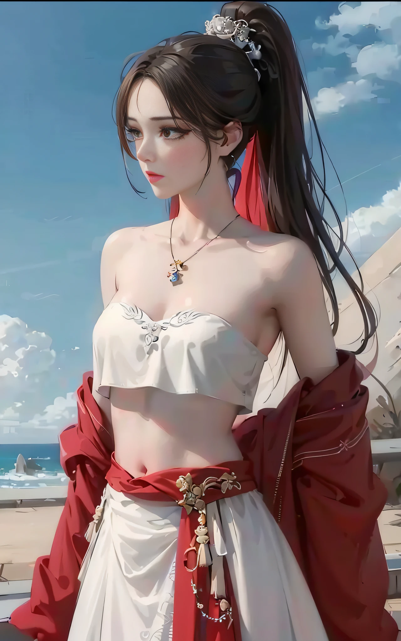 Close-up of a woman in a white dress and red jacket, White Hanfu, Middle metaverse, full-body xianxia, smooth white tight clothes suit, Anime girl cosplay, queen of the sea mu yanling, white red, Chiba Yuda, Anime goddess, trending on cgstation