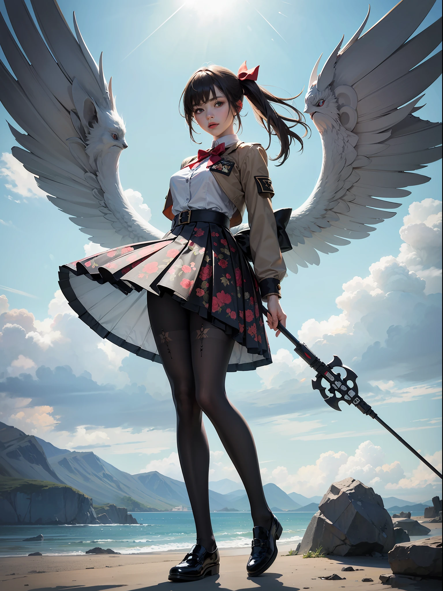 (full body:1.5)，(1girl:1.3),(looking at viewer:1.4)，(anatomy correct:1.3)，(In the paradise of the day:1.3),(Wearing Very thick Printed Pantyhose and World War German Style JK uniform printed pleated skirt and JK uniform leather shoes with bow decoration :1.3), (A high jump posture:1.3),(In pink|amarelo|blue colors|green color|red colour|white colors|black in color|purpleish color|greys|Beige|Flesh color 1.4)，,(Accurate and perfect face:1.4),(Clothing Gloss:1.25),(Skin reflection:1.25),hyper HD, Ray traching, reflective light，structurally correct, Award-Awarded, high detal, lightand shade contrast, Face lighting，cinmatic lighting, tmasterpiece, super detailing, high high quality, high detal, best qualityer, 16k，high contrast,