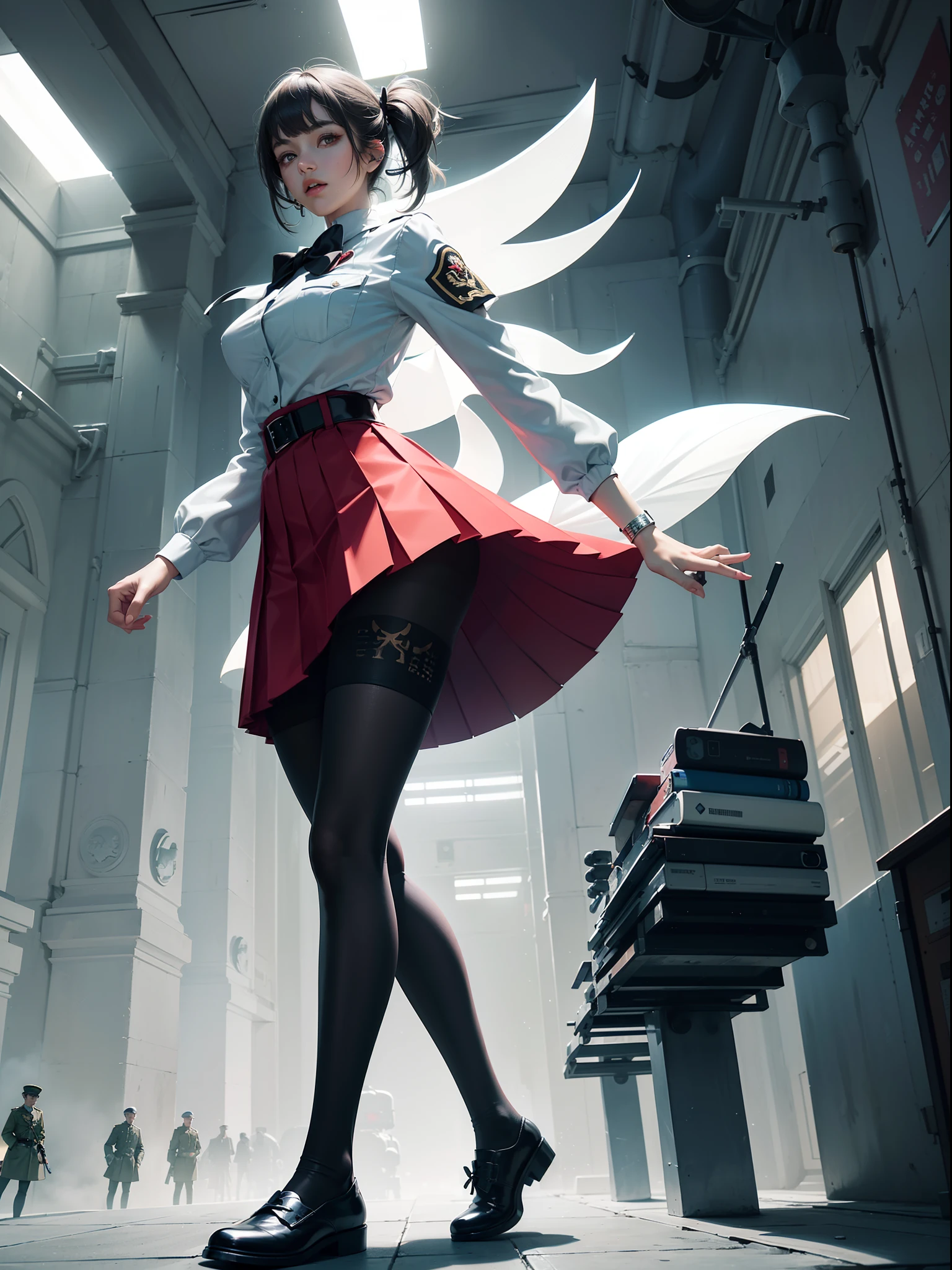 (full body:1.5),(1girl:1.3),(looking at viewer:1.4),(anatomy correct:1.3),(In the paradise of the day:1.3),(Wearing Very thick Printed Pantyhose and World War German Style JK uniform printed pleated skirt and JK uniform leather shoes with bow decoration :1.3), (A high jump posture:1.3),(In pink|amarelo|blue colors|green color|red colour|white colors|black in color|purpleish color|greys|Beige|Flesh color 1.4),,(Accurate and perfect face:1.4),(Clothing Gloss:1.25),(Skin reflection:1.25),hyper HD, Ray traching, reflective light,structurally correct, Award-Awarded, high detal, lightand shade contrast, Face lighting,cinmatic lighting, tmasterpiece, super detailing, high high quality, high detal, best qualityer, 16k,high contrast,