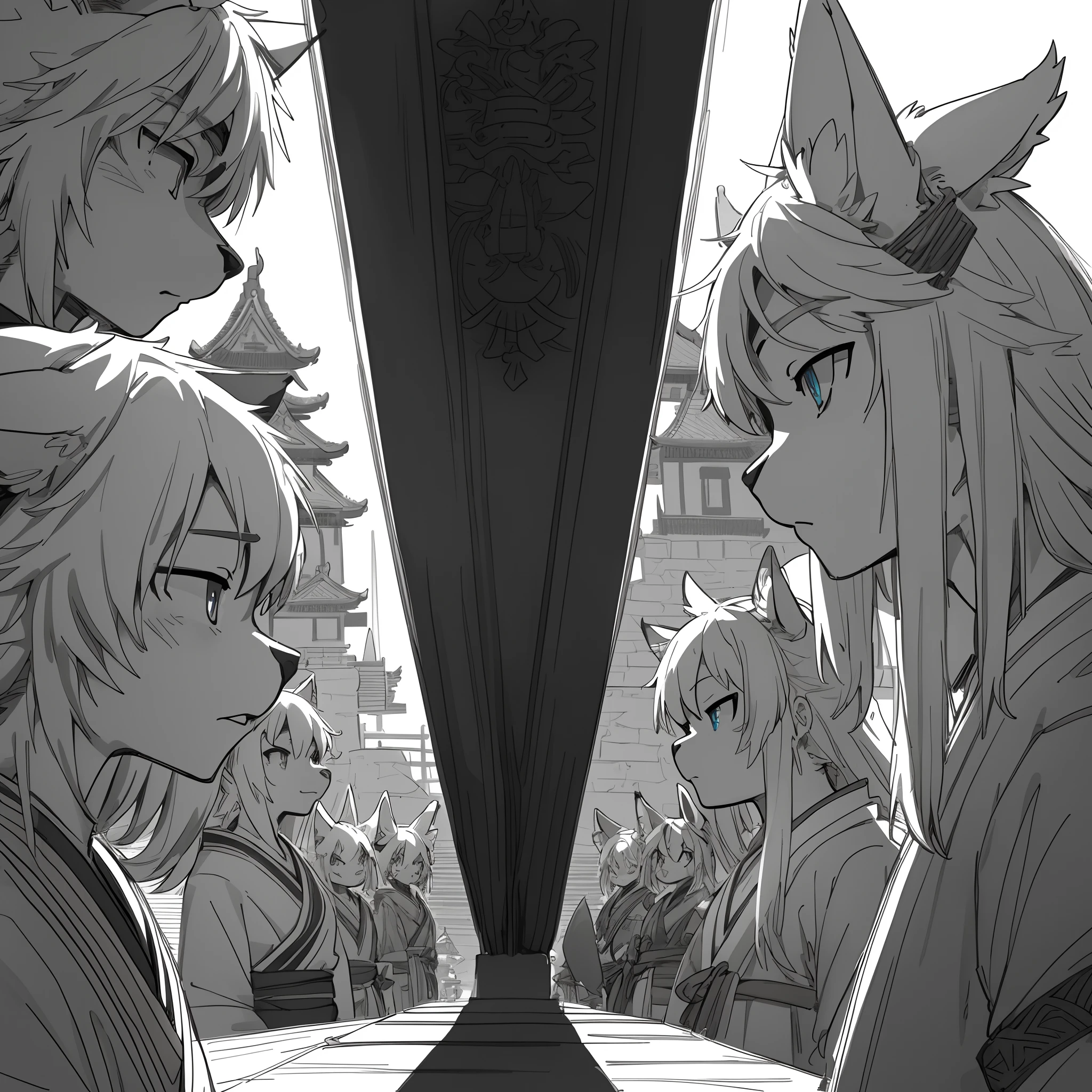 top quality, best quality, High-quality illustrations, masterpiece, super high resolution, detailed background, japanese castle, samurais, 6+boys, 6+girls, absurdres(highly detailed beautiful face and eyes)perfect anatomy, expression, good lighting, cinematic shadow(kemono, furry anthro)assorted poses, rough sketch, manga panel arrangement,