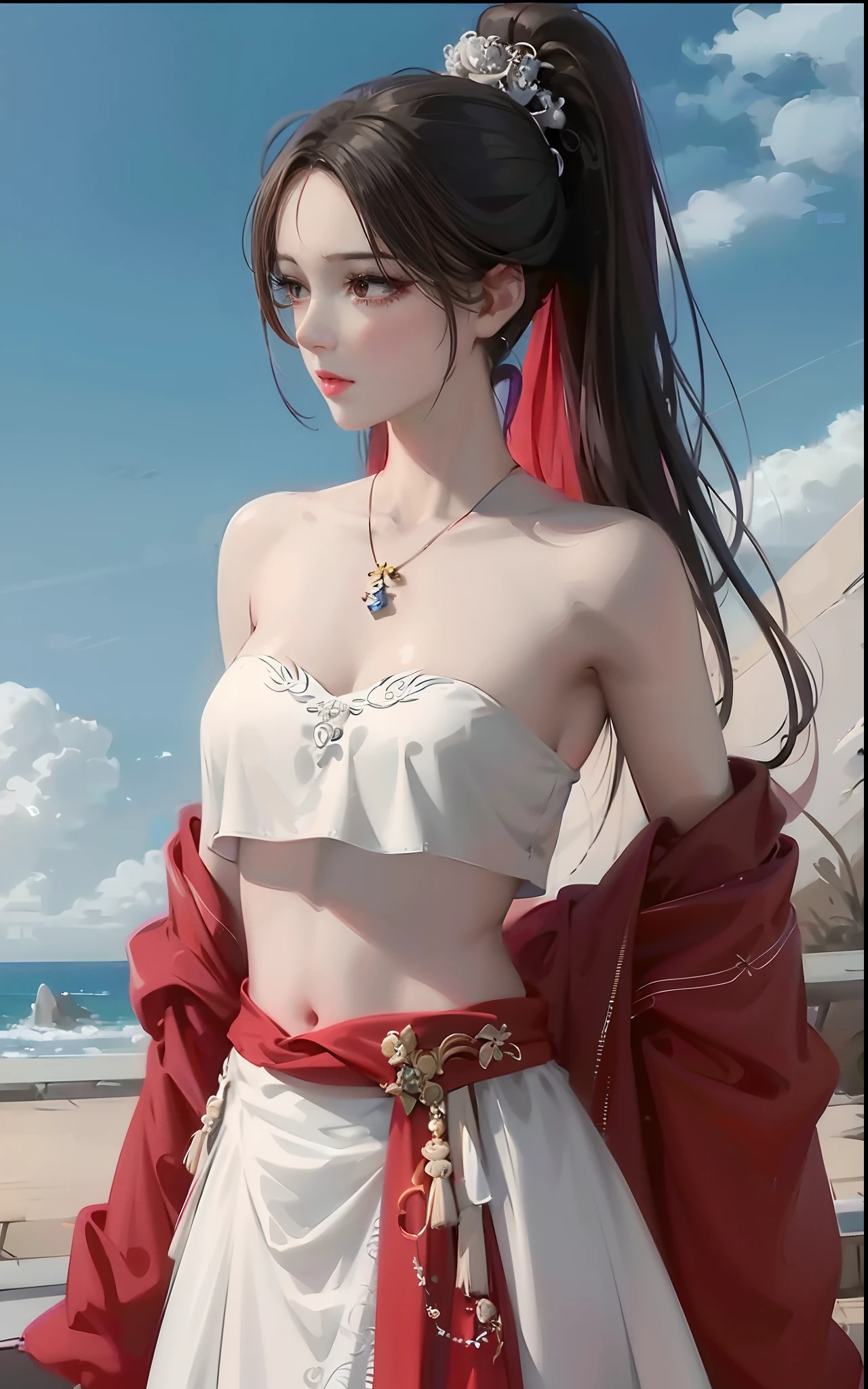 Close-up of a woman in a white dress and red jacket, White Hanfu, Middle metaverse, full-body xianxia, smooth white tight clothes suit, Anime girl cosplay, queen of the sea mu yanling, white red, Chiba Yuda, Anime goddess, trending on cgstation