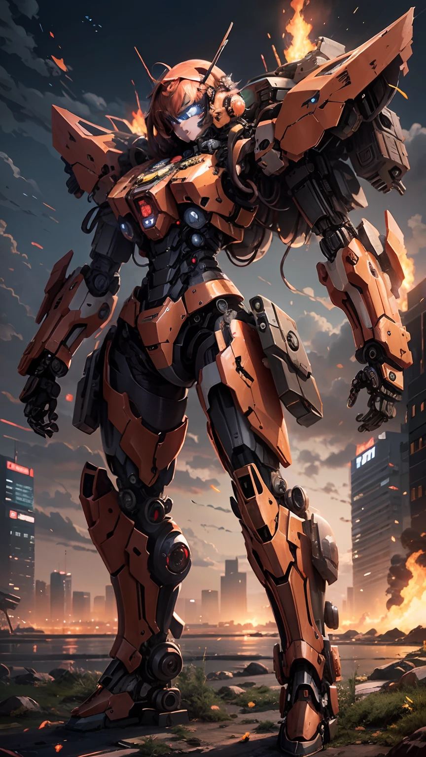 Anime girl in mecha suit，Anime girl mecha，digital cyberpunk anime art， 8 k，，Mecha network armor girl，The flames of war burned，Extinguish fire