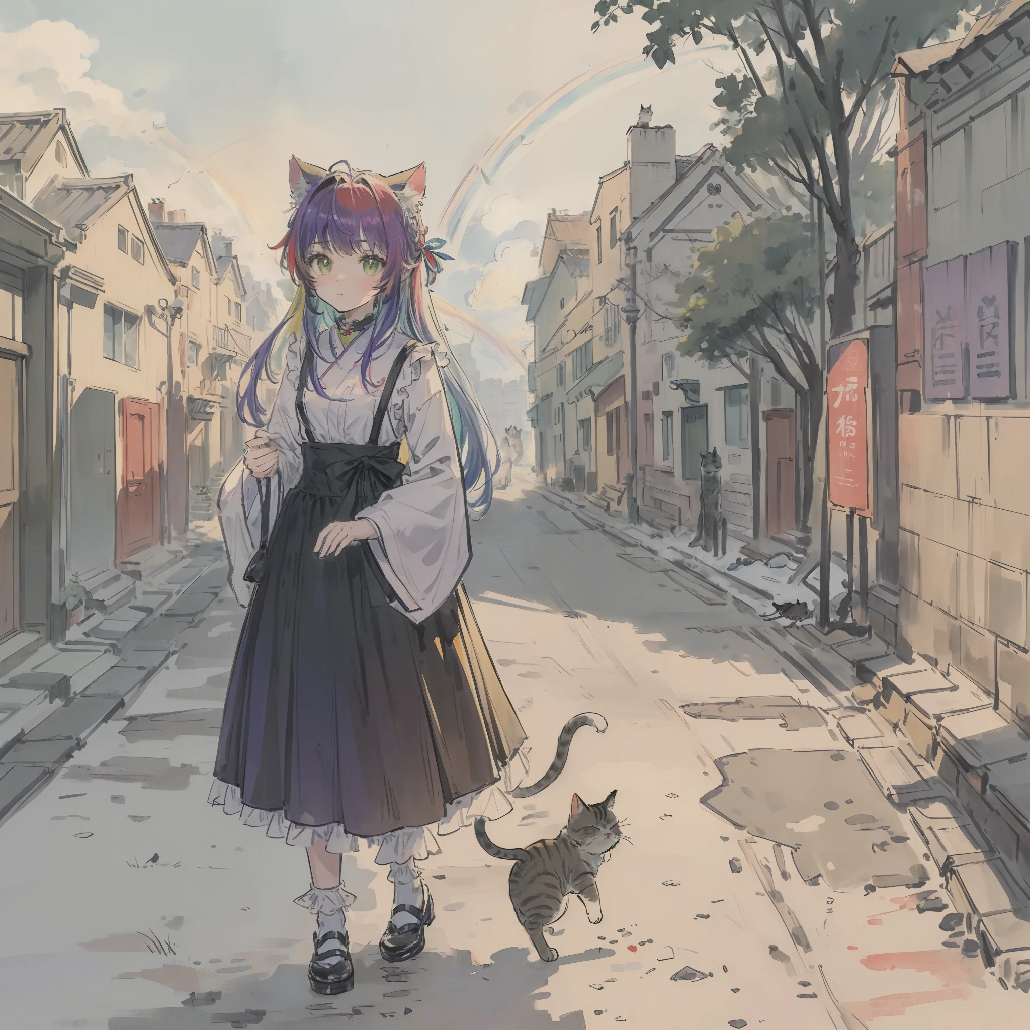 Cats((Take a cute cat 1.5))、((Best quality1.2))、((​masterpiece))、((rainbow-colored hair))、alleyway、I have a cute cat、Hachiwale