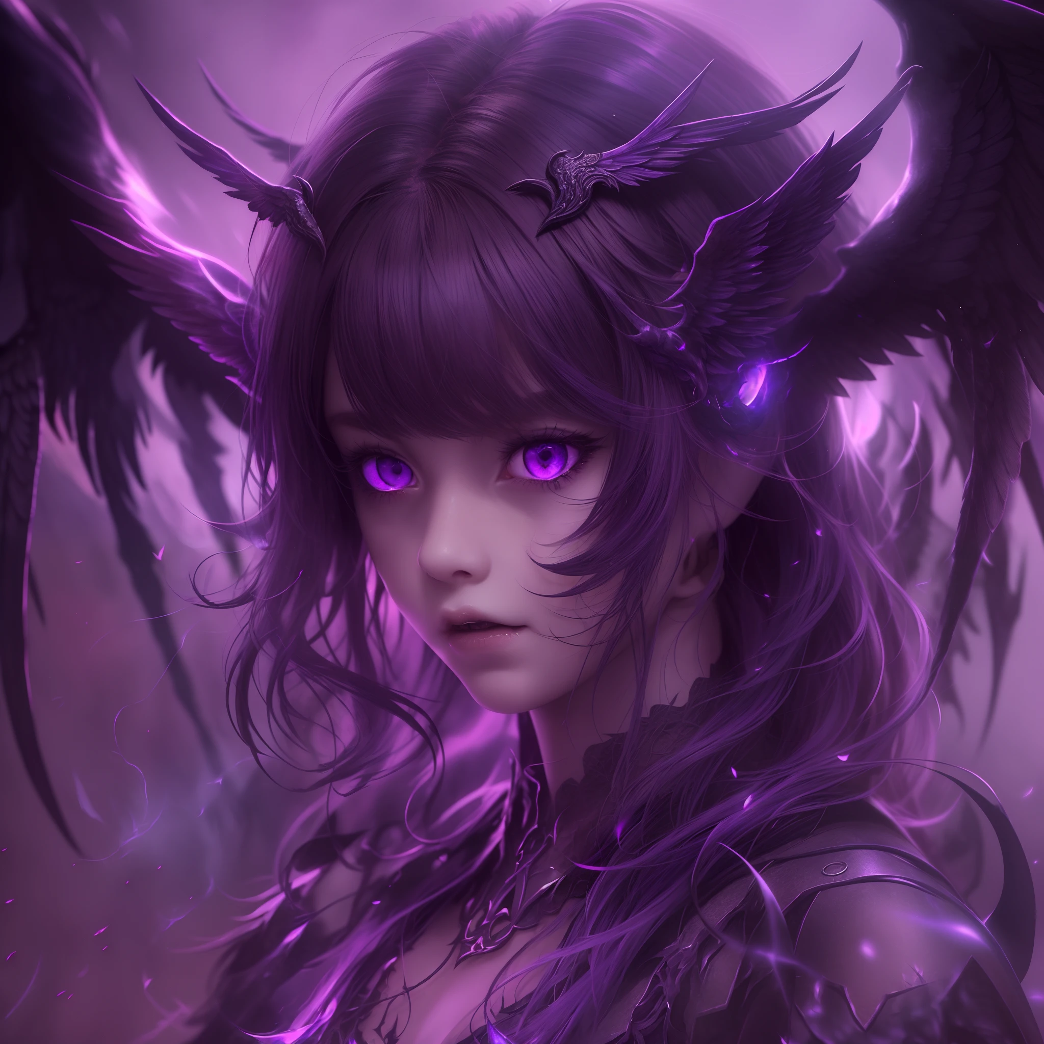 A girl trying to make a deal with the devil、(Aura of Dark Flame、Wings of Darkness)、Real Texture、8K、Very cool face、Purple eyes、Glossy texture