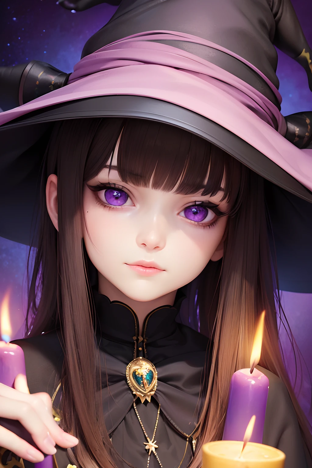 ((Best quality)), ((Masterpiece)), (Detailed), head portrait，colorful butterfly,Girl,A half body，Witch hat,(Detailed face:1.2), The portrait is centered,(without weapons),, Medium hair, Black hair, hair straight，Blunt bangs, Brown eyes,Royal sister，Blackn clothes，fond violet，waxy candles