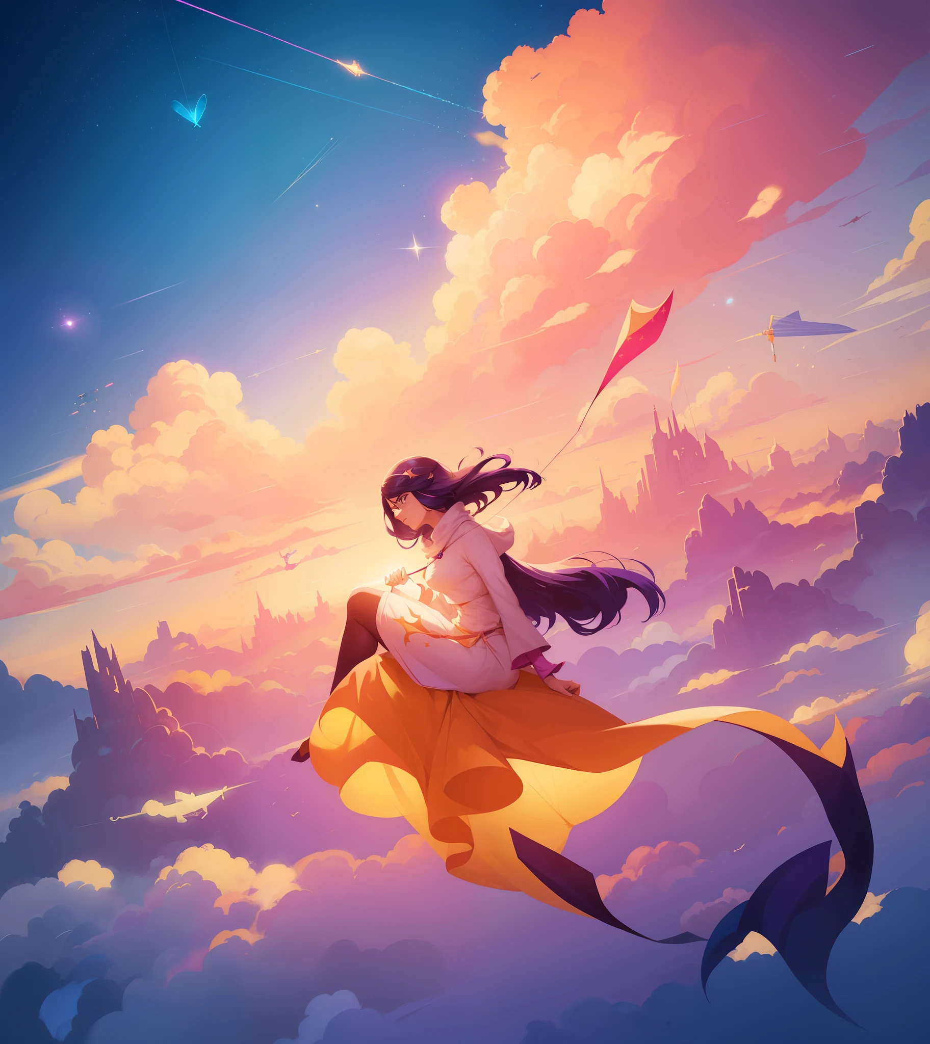 illustration of a woman flying through the sky with a kite, sky witch, jen bartel, by Atey Ghailan, sitting on the cosmic cloudscape, by Andrée Ruellan, inspired by Atey Ghailan, it is flying through space, dreamy illustration, cosmic tiefling d&d, by Ryan Yee, flying on the broom