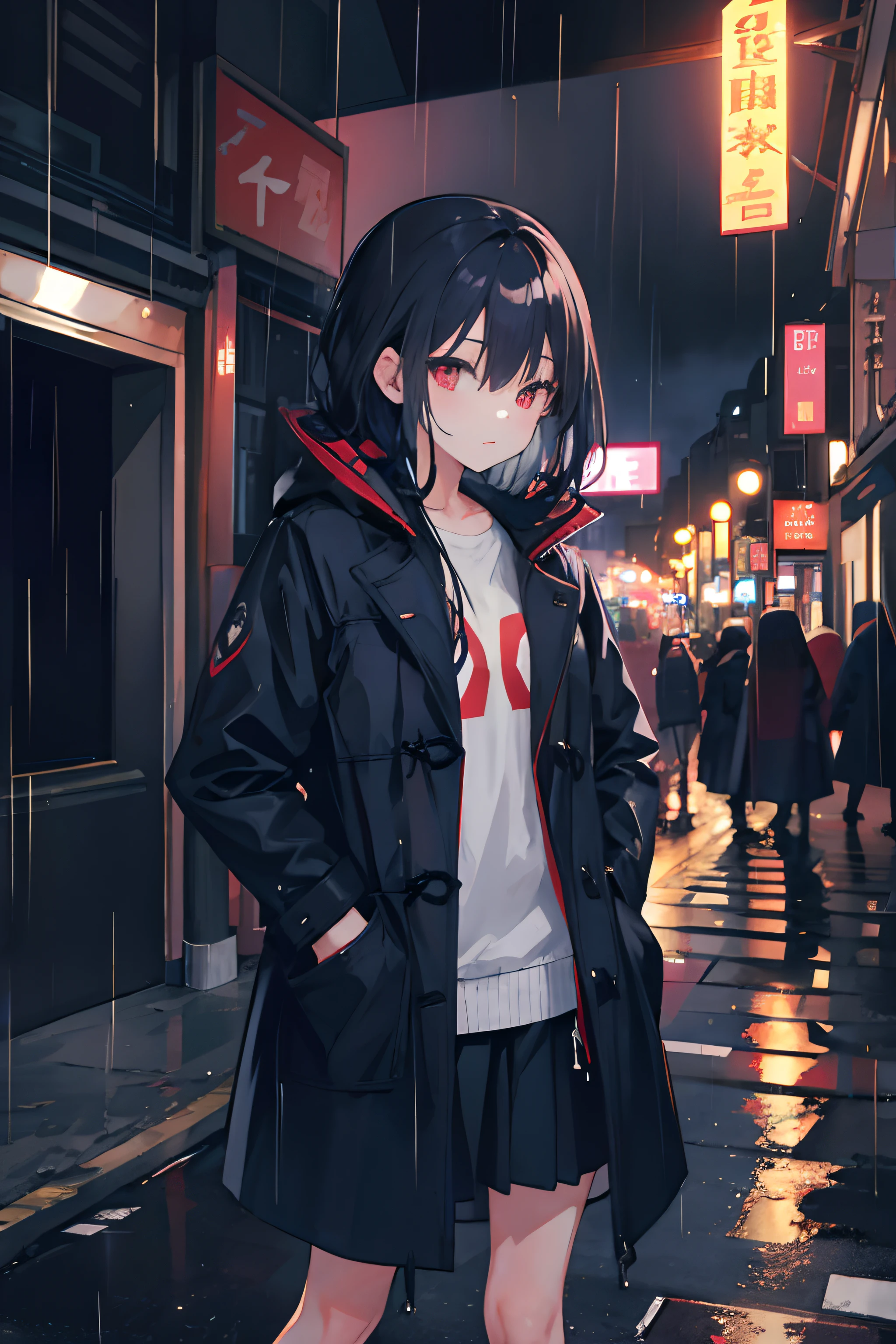 1 girl, night city, rain, coat, hands in pockets