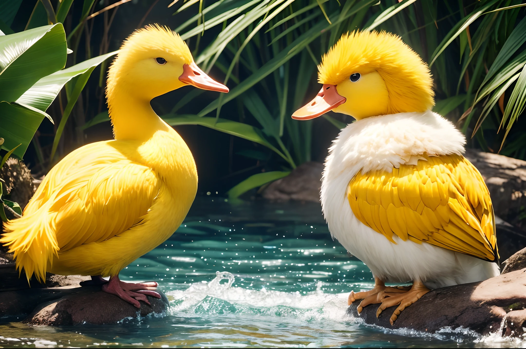 a fluffy tender yellow duck, lovable, chubby, yellow duck, hairy, during the daytime when the sun is abundant, swimming in a brook, the water surface sparkles, blue sky, white clouds and coconut trees, the water is very clear, long hair, beautiful detailed eyes, extremely detailed eyes and face, light on face, lovely, best quality, masterpiece, illustration, an extremely delicate and beautiful, extremely detailed ,CG ,unity ,8k wallpaper, Amazing, finely detail, masterpiece, best quality, official art, extremely detailed CG unity 8k wallpaper, ultra-detailed, highres, extremely detailed, (best quality), (realistic, photo-realistic:1.2), 8k, soft lighting, high quality, official art, extremely detailed CG unity 8k wallpaper, cinematic lighting.