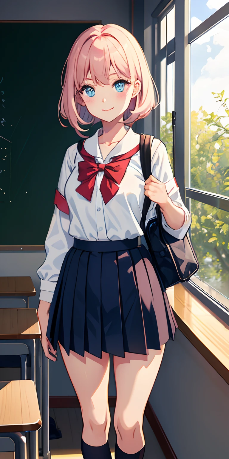 1 medium breasts girl standing on desk,The students turned their heads to look,Side breasts,Lower breast,lip flap,Blushlush,Makeup,Light smile,校服,‎Classroom,bookbag,llight rays,Glow,upper legs,鎖骨,a narrow waist,(tmasterpiece),the wallpaper,full bodyesbian