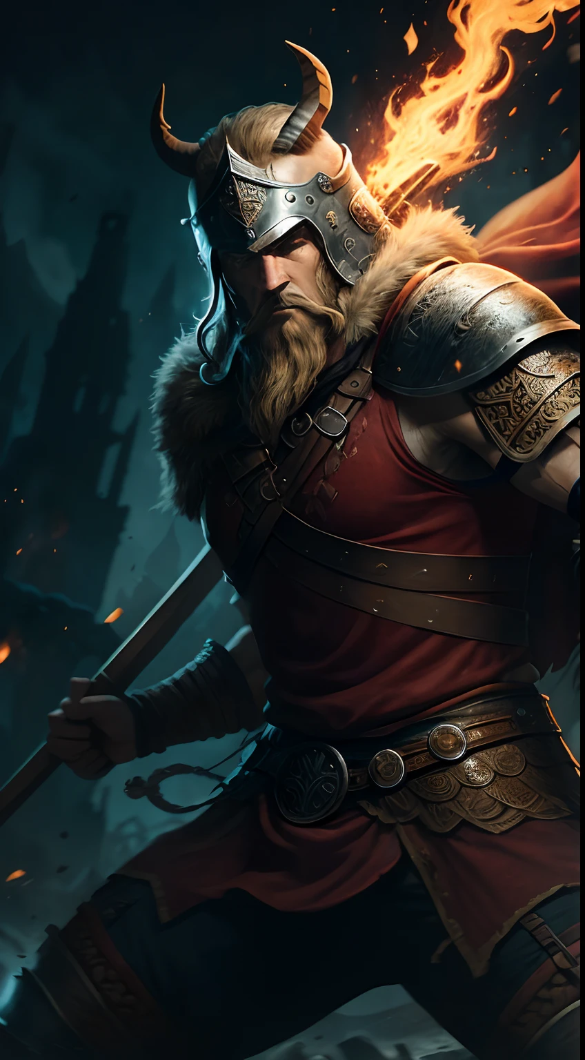(8k), Ultra resolution 8K, Stunning illustration of a hero wearing a Viking helmet, barba espesa y bien cuidada. Warrior Prince,Traje de guerrero Athletic Body vikingo, armadura de cuero duro como el metal incrustadas runas vikingas, sostiene una gran hacha de batalla, cinematic lighting,action pose, agregar efecto al final,Mythical background, escena de fondo barco vikingo