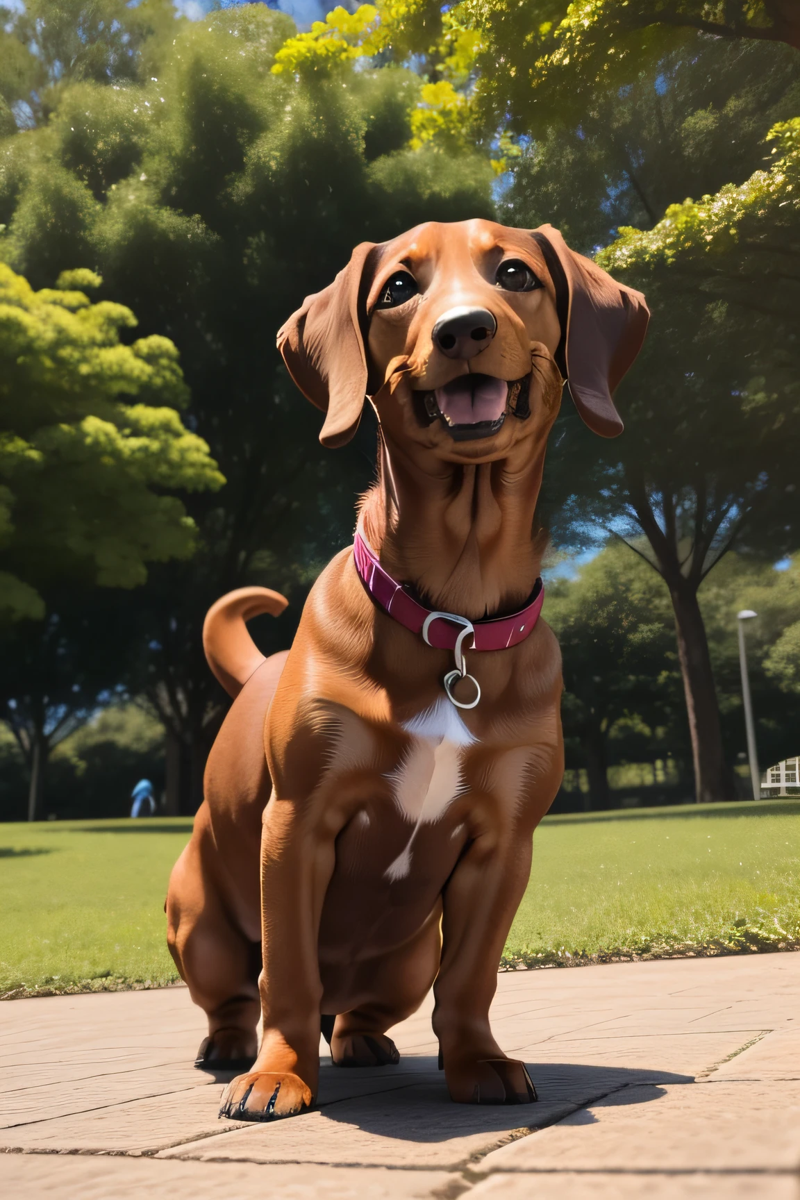 dachshund marrom bonito brincando em um parque em um dia ensolarado