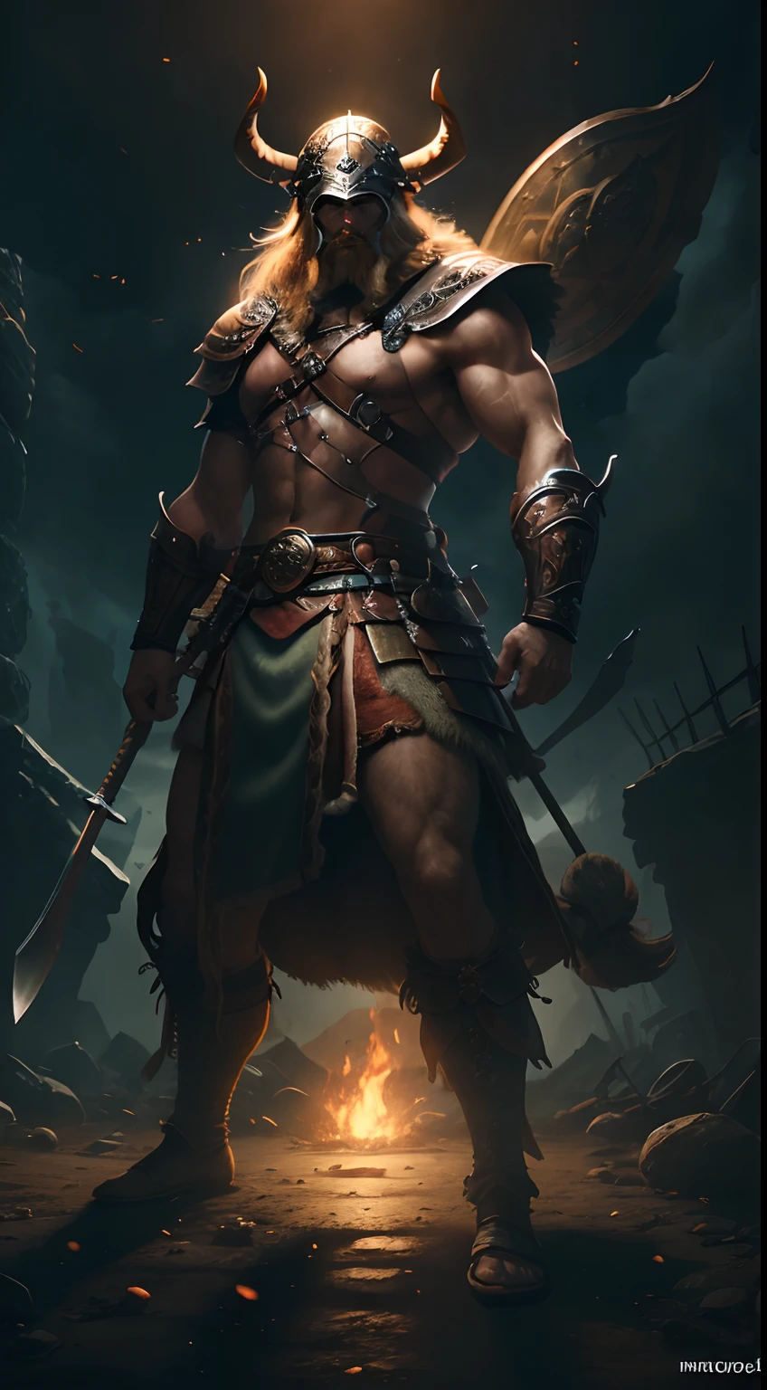(8k), Ultra resolution 8K, Stunning illustration of a hero wearing a Viking helmet, barba espesa y bien cuidada. Warrior Prince,Traje de guerrero Athletic Body vikingo, armadura de cuero duro como el metal incrustadas runas vikingas, sostiene una gran hacha de batalla, cinematic lighting,action pose, agregar efecto al final,Mythical background, escena de fondo barco vikingo