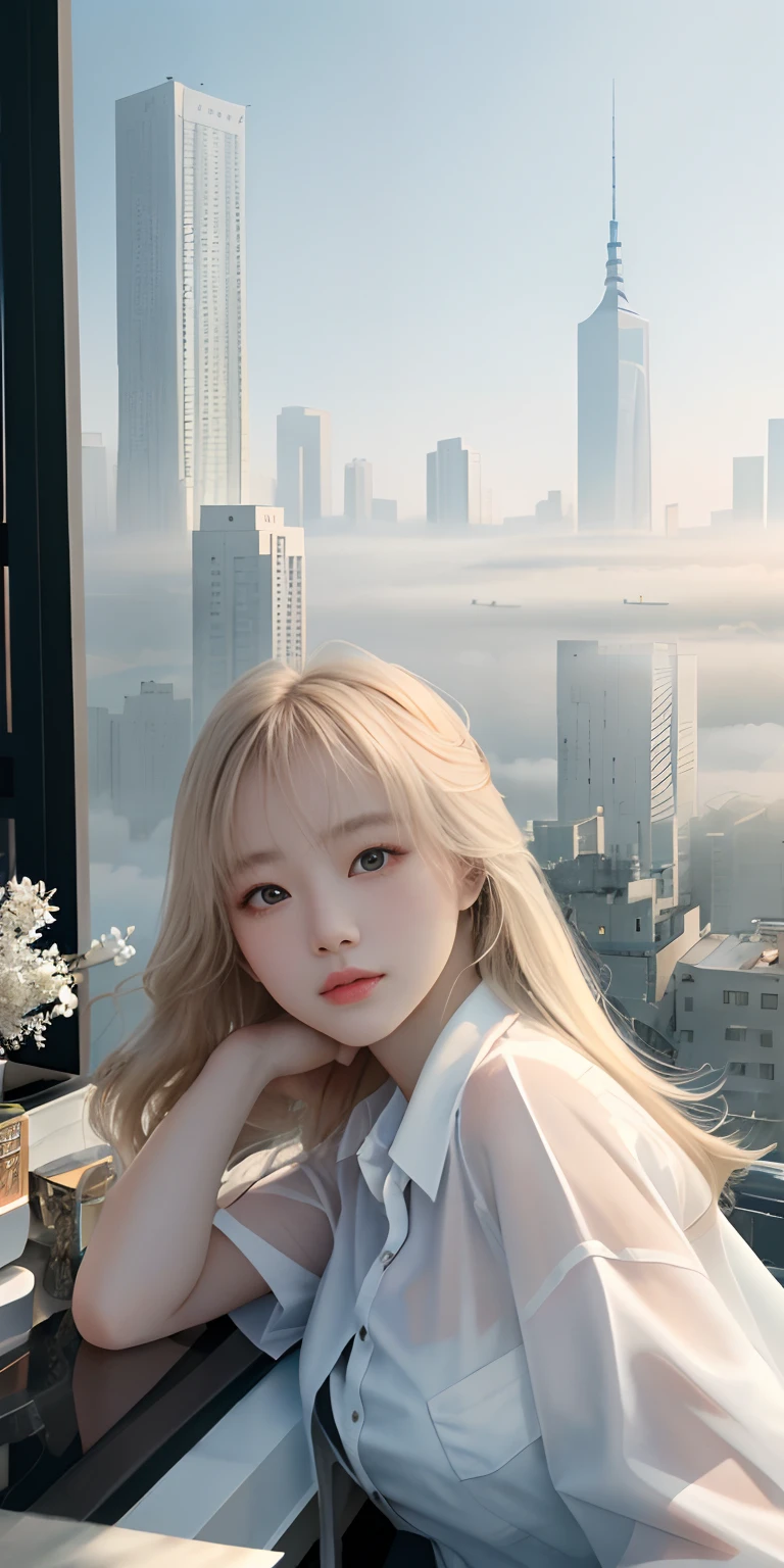 （1girl：1.3）， 独奏， （（（very vey very detailed face））），（（very detailed eyes and faces））），beatiful detailed eyes，Body parts__，offcial art，Unified 8k wallpaper，ultra-detailliert，Beautiful and beautiful，big breasts beautiful，tmasterpiece，best qualtiy，primitive，tmasterpiece，ultra fine photos，best qualtiy，超高分辨率，photorealistic realism，rays of sunshine，full-body portraits，stunningly beautiful，，dynamicposes，delicated face，vibrant eyes，（from the front side）， She doesn't hang on at all，Very detailed city roof background， Roof，looking over city，详细的脸，detailed complex busy background，untidy，opulent，milkyW，highly detailedskin，Realistic details of skin，Visible pores，Clear focus，volume fog，8k uhd，digital SLR camera，high qulity，filmgrain，White skin of the，photo-realism，lomography，A huge metropolis of the dystopia of the future， semi transparent