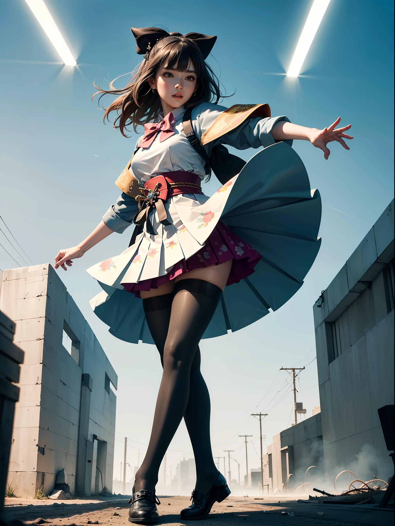 (full body:1.5)，(1girl:1.3),(looking at viewer:1.4)，(anatomy correct:1.3)，(In the paradise of the day:1.3),(Wearing Very thick Printed Pantyhose and Future samurai style JK uniform printed pleated skirt and JK uniform leather shoes with bow decoration :1.3), (A high jump posture:1.3),(In pink|amarelo|blue colors|green color|red colour|white colors|black in color|purpleish color|greys|Beige|Flesh color 1.4)，,(Accurate and perfect face:1.4),(Clothing Gloss:1.25),(Skin reflection:1.25),hyper HD, Ray traching, reflective light，structurally correct, Award-Awarded, high detal, lightand shade contrast, Face lighting，cinmatic lighting, tmasterpiece, super detailing, high high quality, high detal, best qualityer, 16k，high contrast,